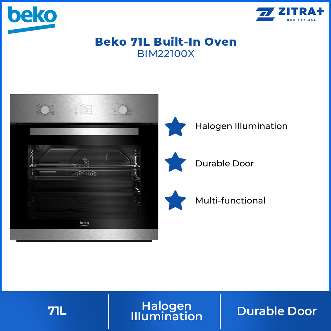 Beko 71L Built-In Oven BIM22100X | Halogen Illumination | Durable Door | Mechanical Timer | Removable Door Glass | Energy Efficiency Class: A | Oven with 2 Years Warranty