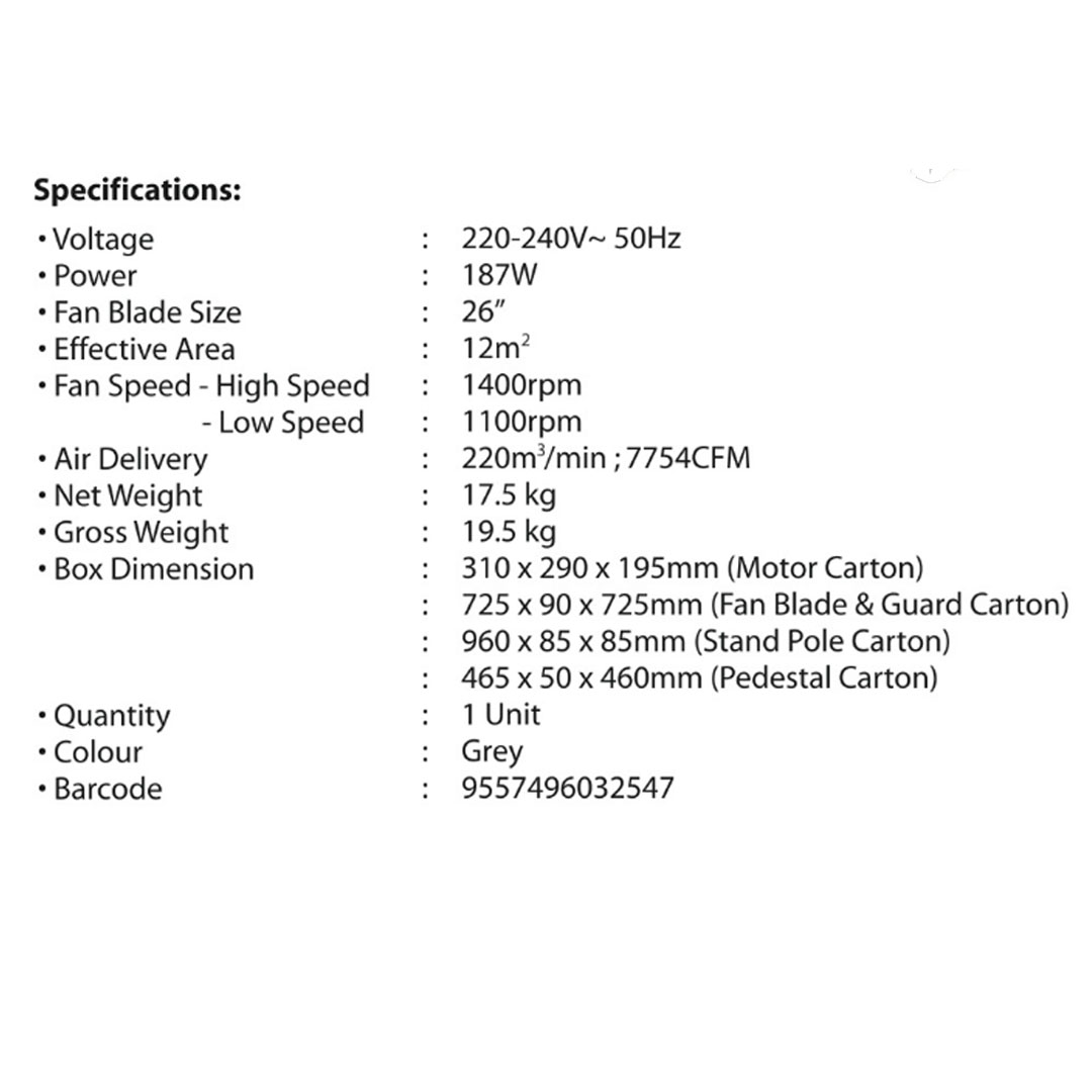 KHIND 26"  Industrial Stand Fan SF2602 | Built-in Safety Thermal Fuse | 3-Speed Setting | High Air Delivery | Stand Fan with 1 Year General Warranty & 3 Years Motor Warranty