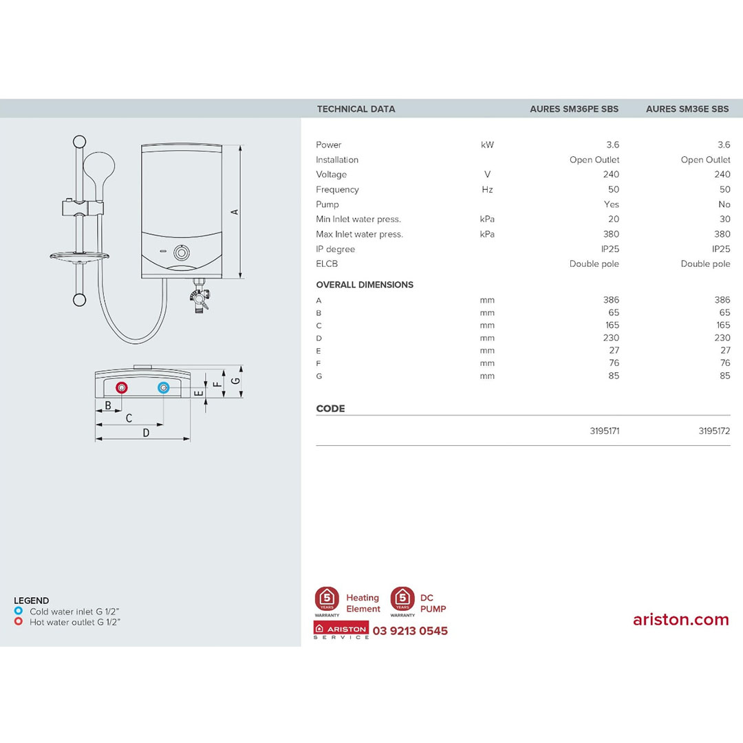 ARISTON 3600W Non Pump Electric Instant Water Heater SM36ESBS | 3 Sprays Shower | Protection From Water Splash | Double Pole ELCB | Water Heater with 1 Year General Warranty & 5 Years Heating Element Warranty