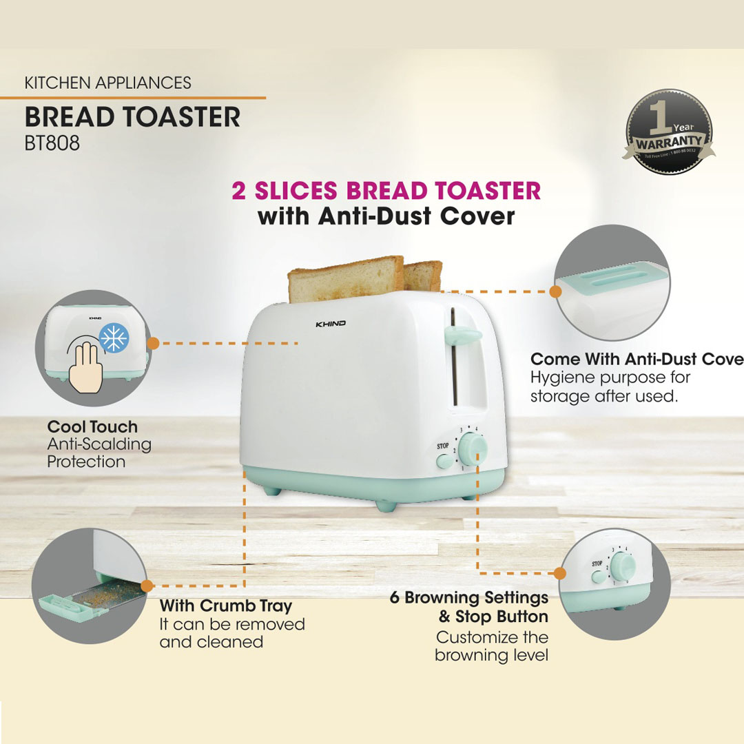 KHIND 2 Slices Bread Toaster with Anti-Dust Cover BT808 | Cool Touch - Anti-Scalding Protection | 6 Browning Settings & Stop Button | With Crumb Tray | Bread Toaster with 1 Year Warranty