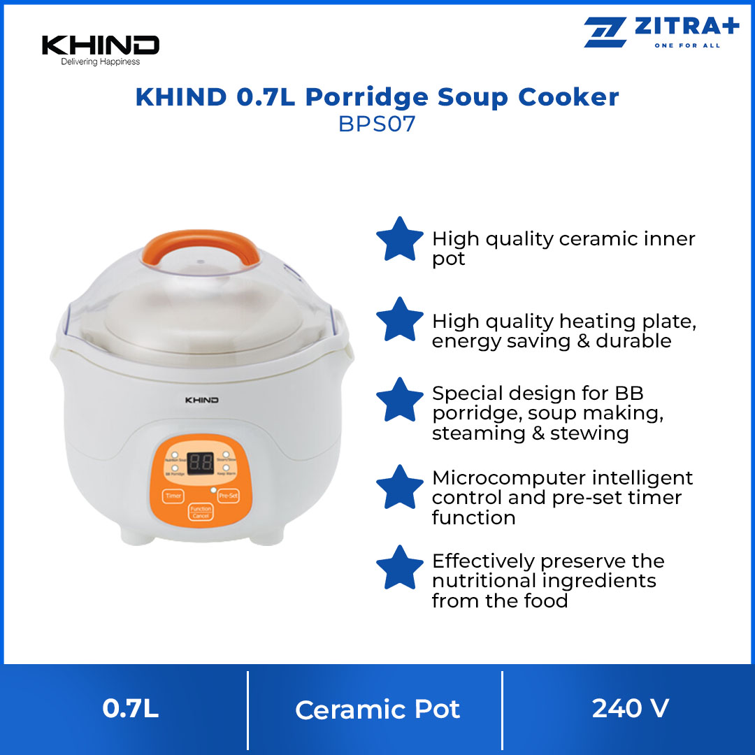 KHIND 0.7L Porridge Soup Cooker BPS07 | High Quality Ceramic Inner Pot | Microcomputer Intelligent Control and Pre-set Timer Function | Porridge Cooker with 1 Year Warranty