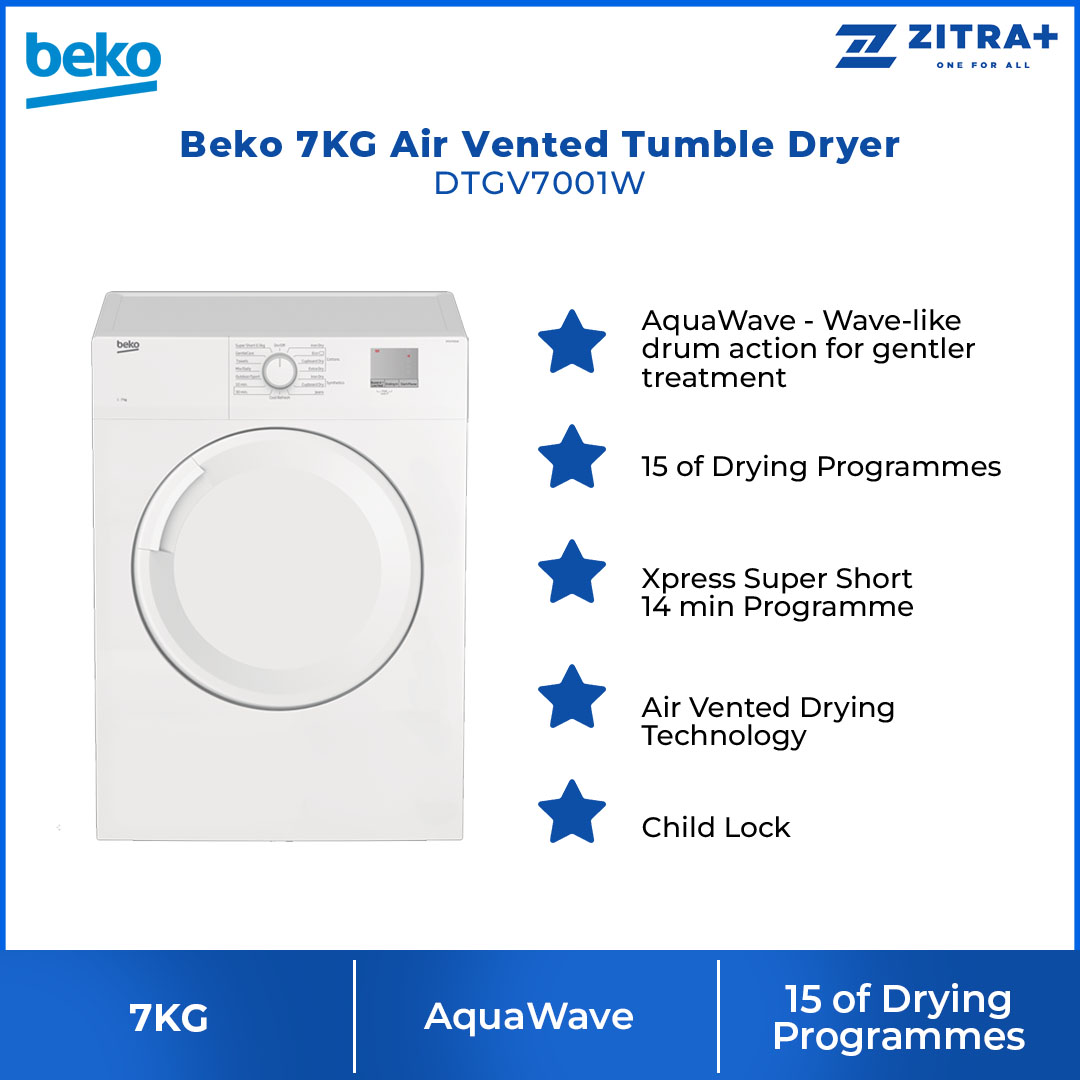 Beko 7KG Tumble Dryer DTGV7001W | Air Vented Drying Technology | Time Delay | 15 Programs Selection | Child Lock | Filter Cleaning Indicator | Tumble Dryer with 2 Years General Warranty & 12 Years Motor Warranty