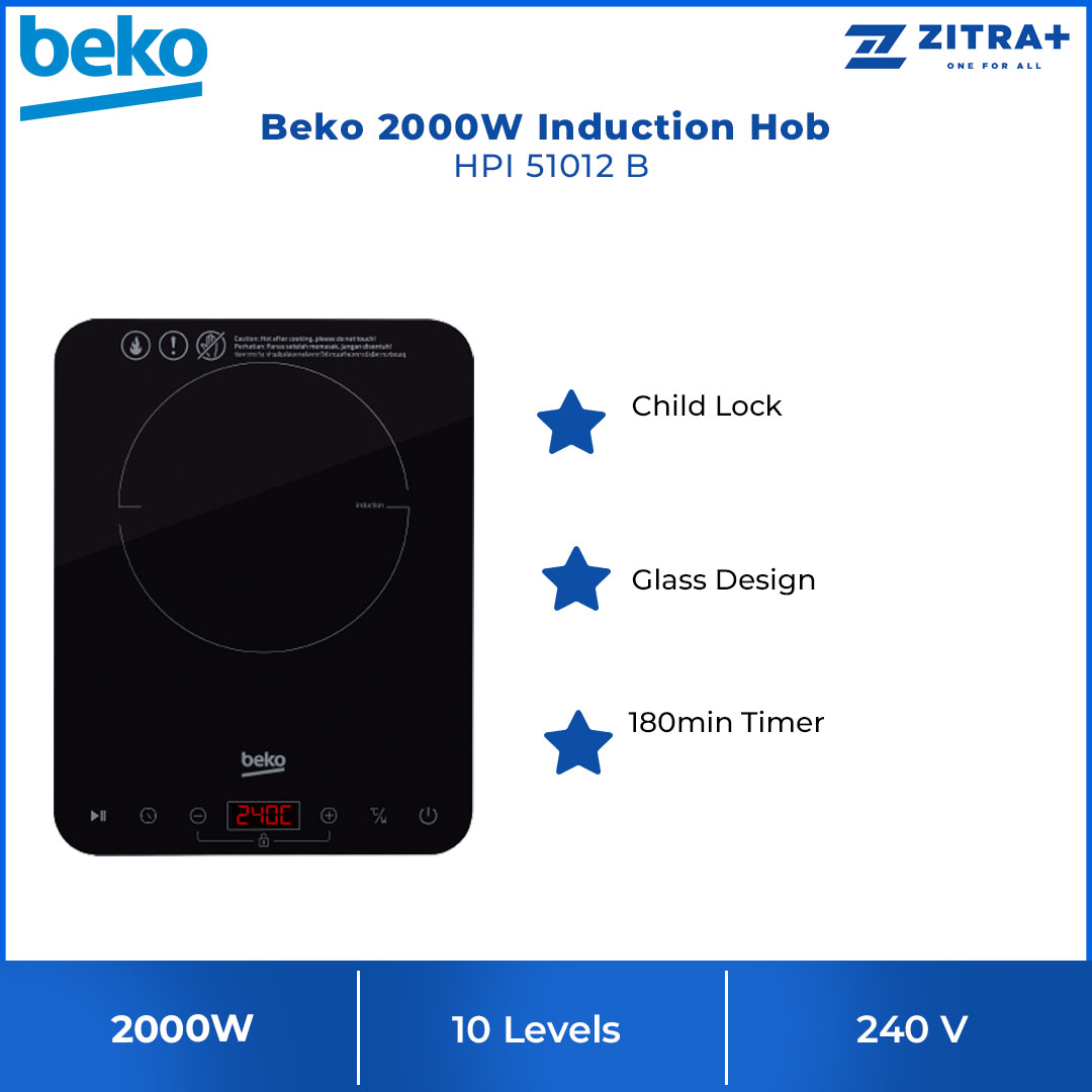 Beko 2000W Induction Hob HPI 51012 B | Child Lock | Glass Design | 180min Timer | 10 Levels Power Setting | Auto Shut-off & Pause Function | Touch Control with LED Screen | Induction Hob with 2 Year General Warranty