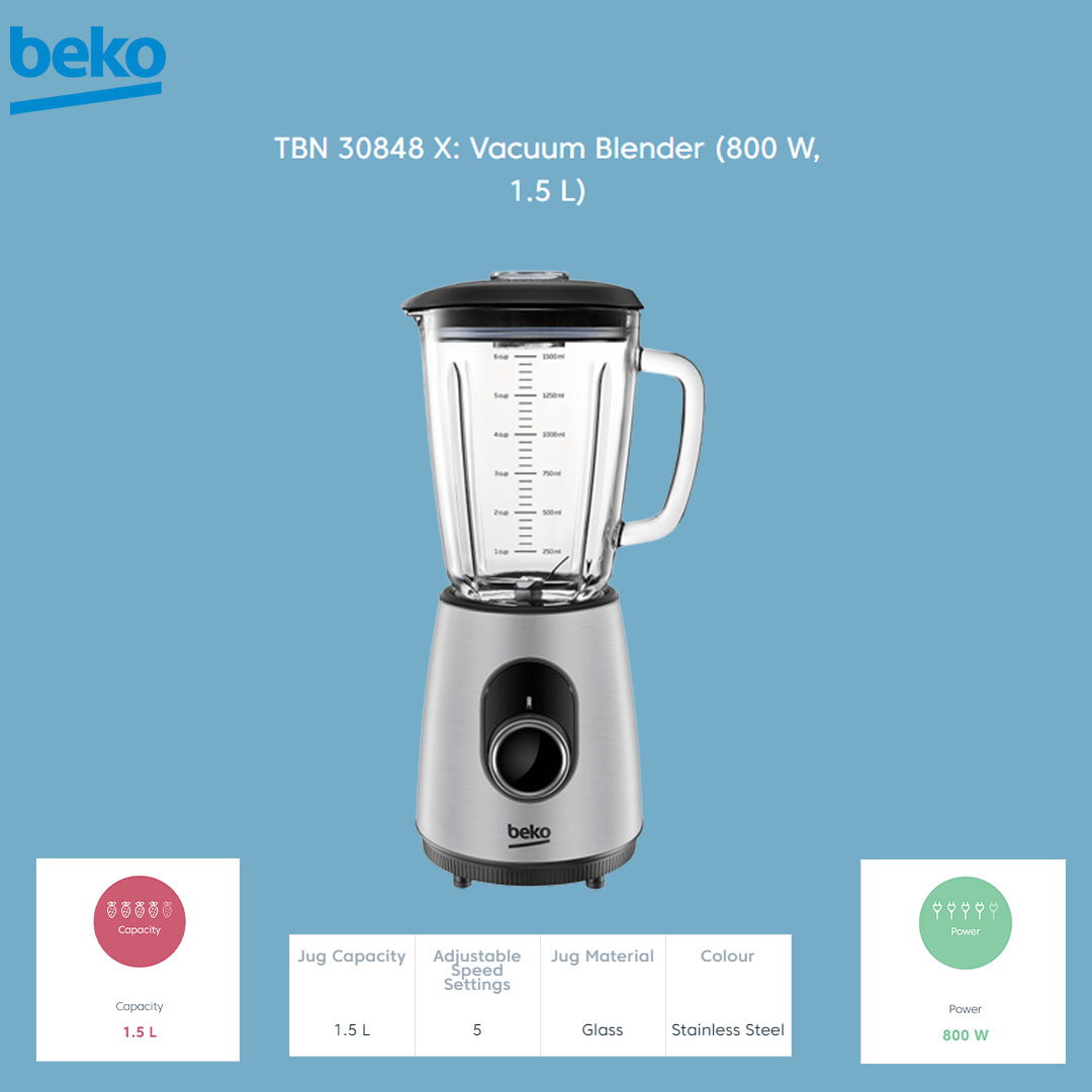 Beko 1.5L Blender TBN30848 X | Ice-crushing | AntiSlip Feet | Adjustable Speed Settings | Pulse Function | Blender with 2 Years Warranty