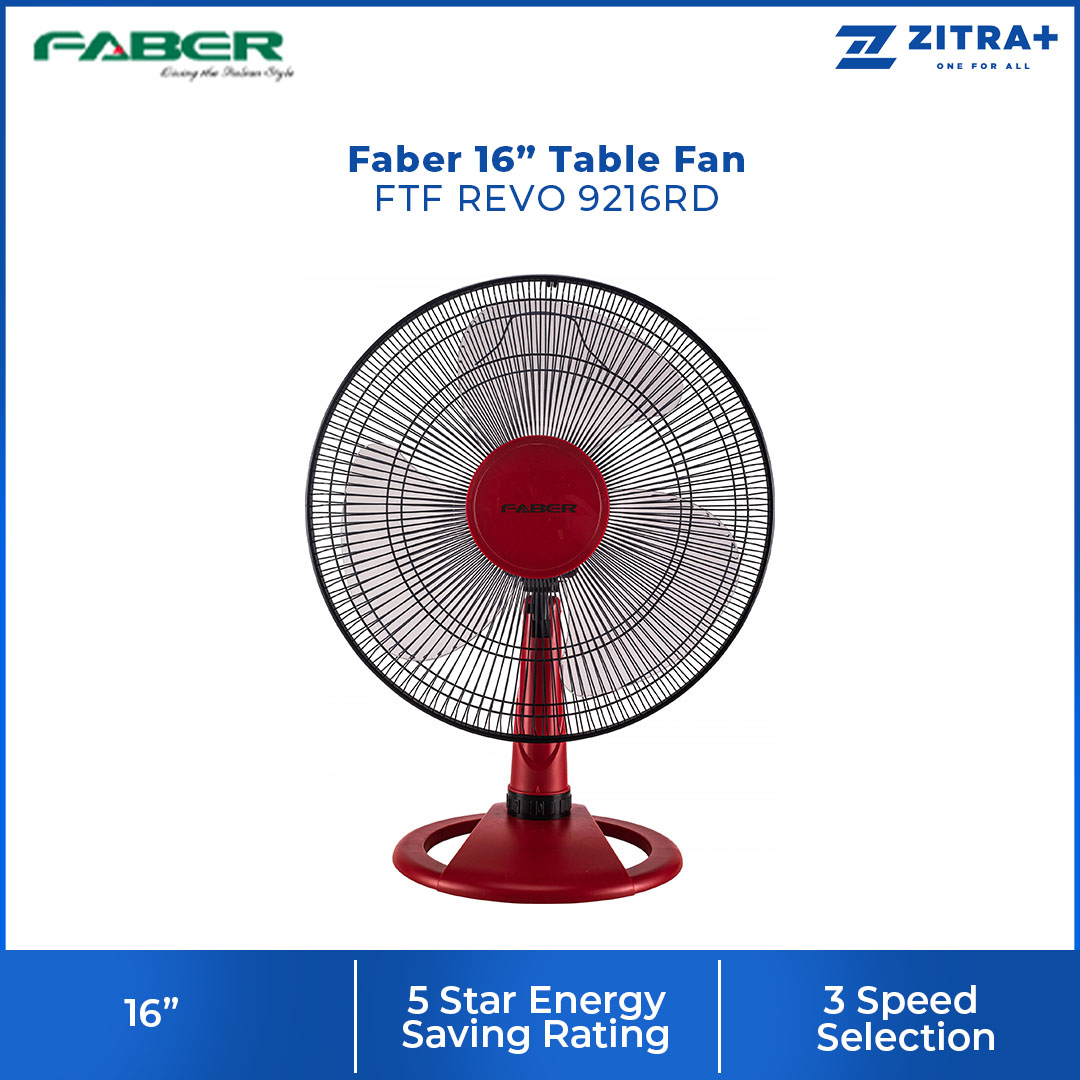 FABER 16" Table Fan FTF REVO 9116GR / FTF REVO 9216RD | 3 Speed | 100% Copper Motor | 5 Star Energy Rating | 51.5dB Noise Level | Table Fan with 1 Year General Warranty & 2 Years Motor Warranty