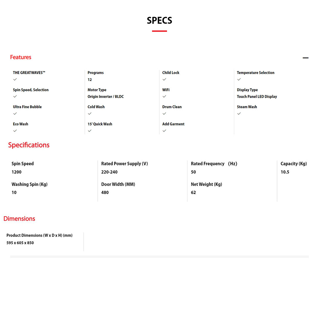 TOSHIBA 10.5KG Front Load Inverter Washing Machine TW-BL115A2M(WK) | The Greatwaves | Ultra Fine Bubble | Steam Wash | Drum Clean | IOT TSmartLife App Control | Washing Machine with 2 Year General Warranty & 2 Year Panel Warranty & 10 Year Motor Warranty