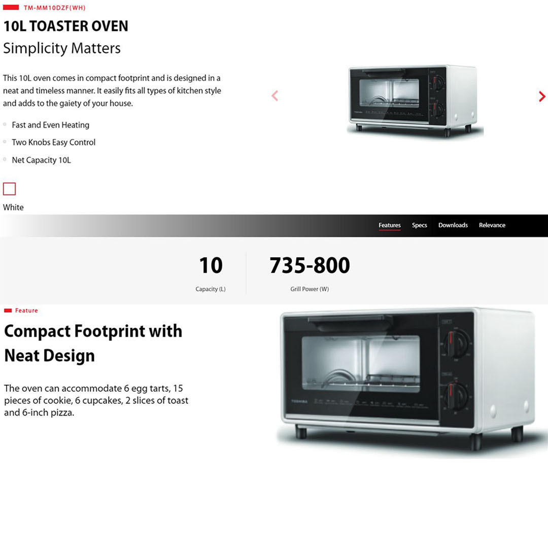 TOSHIBA 10L Toaster Oven TM-MM10DZF(WH) | Compact Footprint with Neat Design | Fast and Even Heating via Quartz Heating Elements | Two Knobs Easy Control | Easy-to-clean Crumb Tray | Anti-scalding Design | Toaster Oven with 1 Year General Warranty
