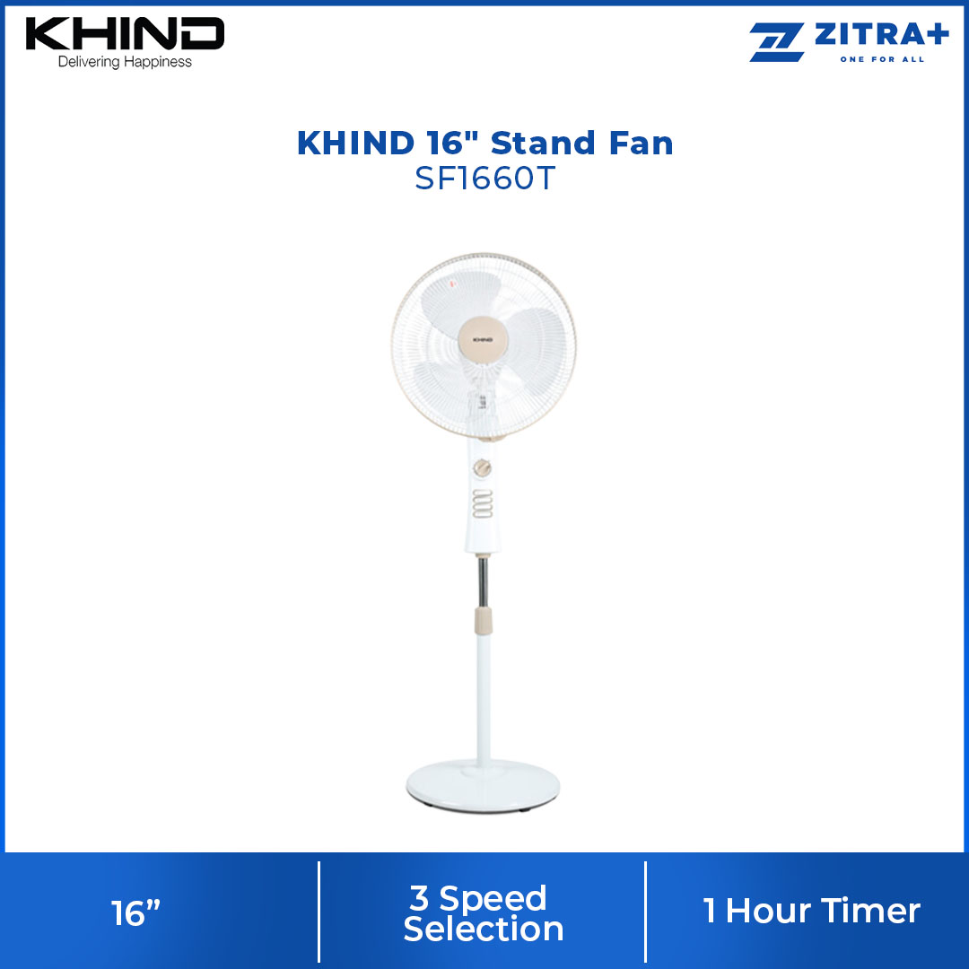 KHIND 16" Stand Fan SF1660T | 3 Speed Selection | 1 Hour Timer | Wide Angle Horizontal Oscillation | Adjustable Height | Stand Fan with 1 Year Warranty