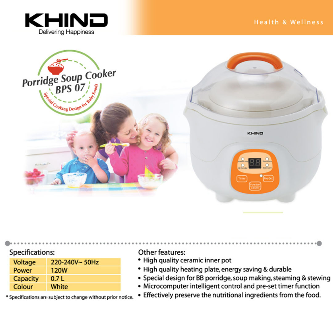 KHIND 0.7L Porridge Soup Cooker BPS07 | High Quality Ceramic Inner Pot | Microcomputer Intelligent Control and Pre-set Timer Function | Porridge Cooker with 1 Year Warranty