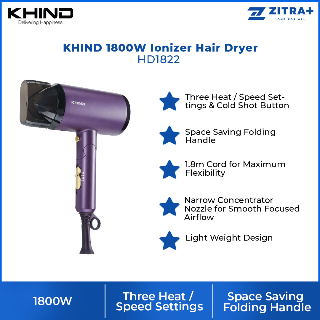 KHIND 1800W Ionizer Hair Dryer HD1822 | 3 Heat / Speed Settings & Cold Shot Button | Narrow Concentrator Nozzle for Smooth Focused Airflow | Space Saving Folding Handle | Hair Dryer with 1 Year Warranty