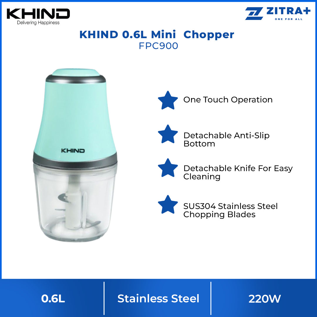 KHIND 0.6L Mini Food Chopper FPC900 | Detachable Knife For Easy Cleaning | SUS304 Stainless Steel Chopping Blades | One Touch Operation | Food Chopper with 1 Year Warranty