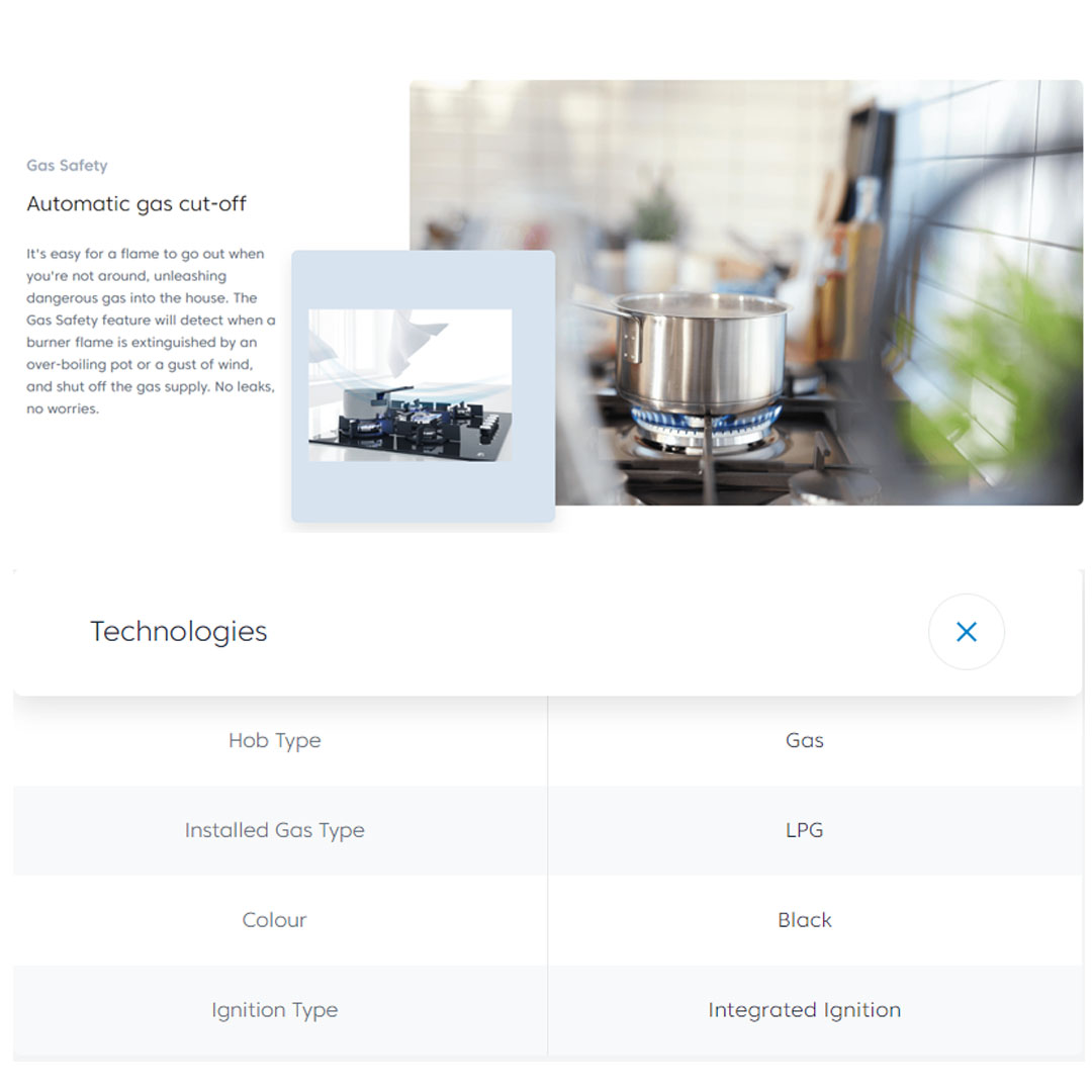 Beko 2 Burners Built-In Hob HISW72225SOB | Automatic Gas Cut-Off | Cast-iron Pan Support | LPG Gas Type | Integrated Ignition | Built-In Hob with 2 Years Warranty