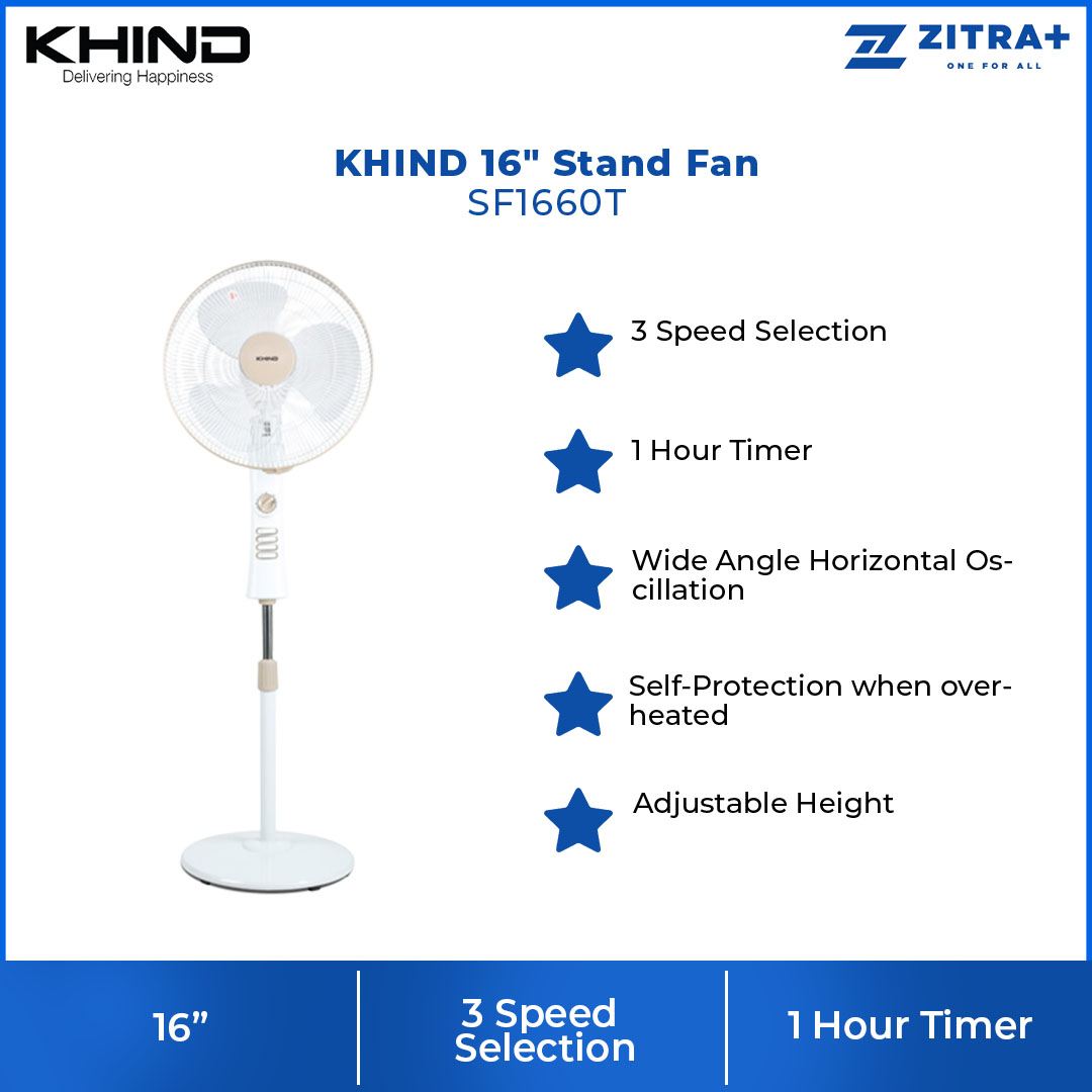KHIND 16" Stand Fan SF1660T | 3 Speed Selection | 1 Hour Timer | Wide Angle Horizontal Oscillation | Adjustable Height | Stand Fan with 1 Year Warranty