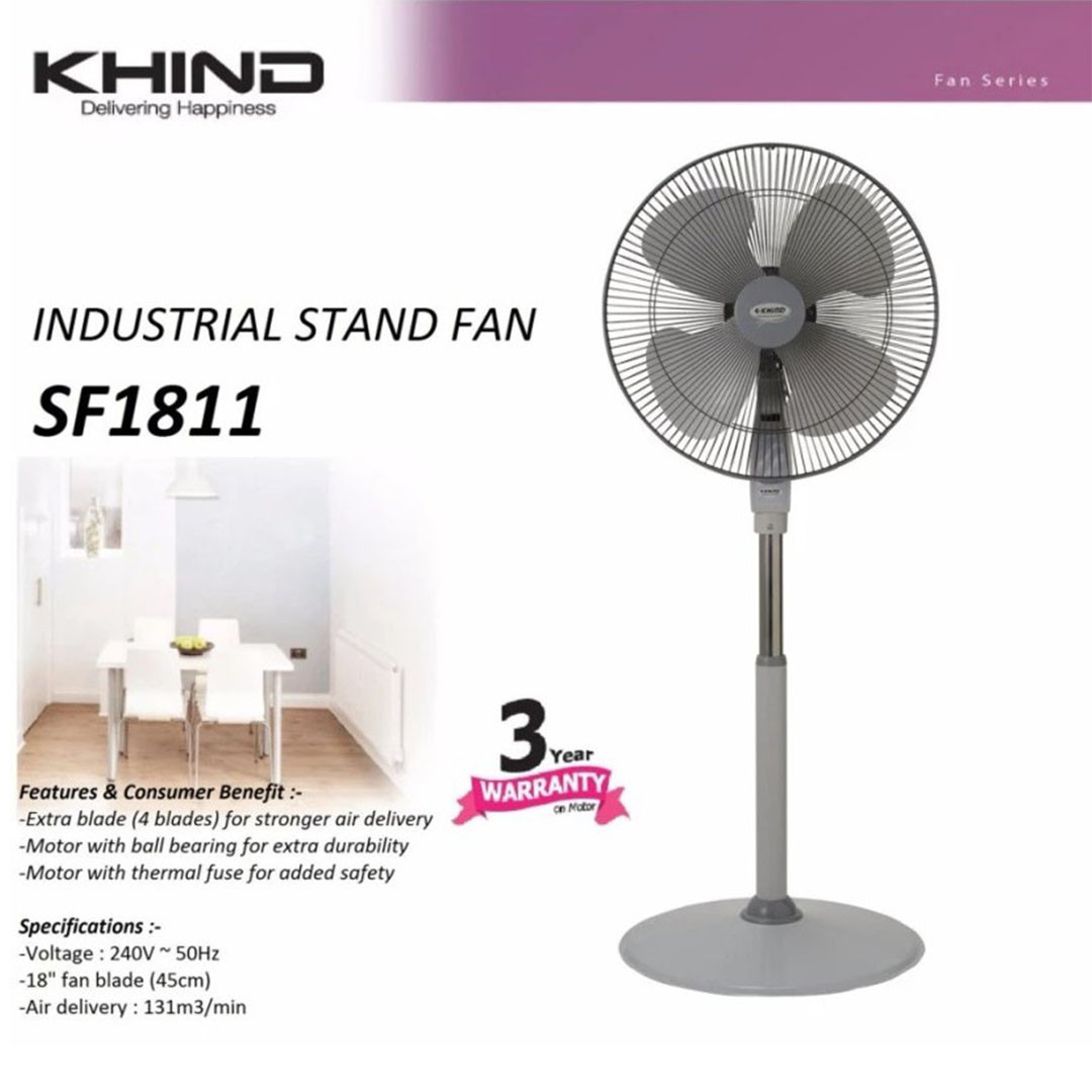 KHIND 18" Industrial Stand Fan SF1811 | Built-in Safety Thermal Fuse | 3 Speed Selection | High Air Delivery | Stand Fan with 1 Year General Warranty & 3 Years Motor Warranty