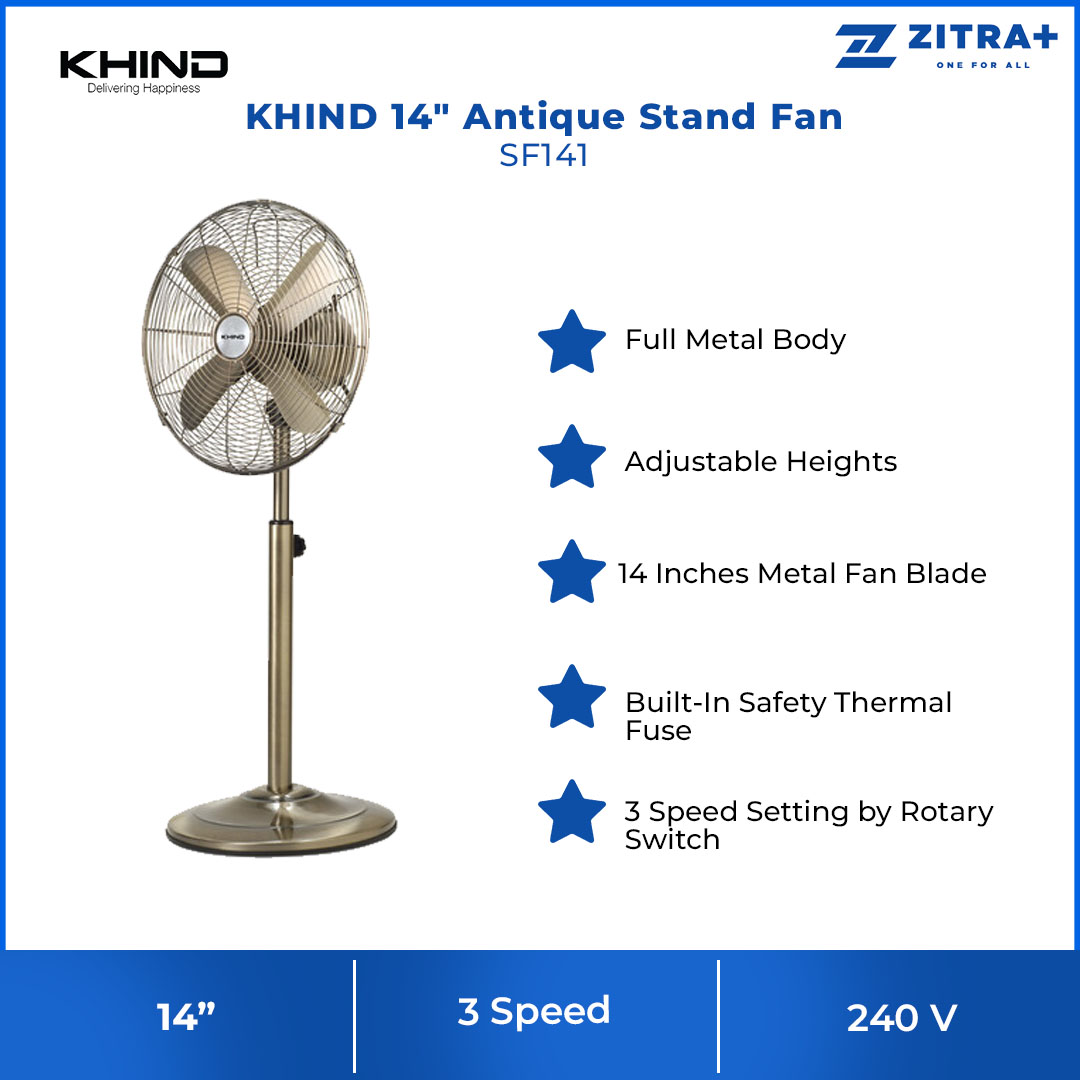 KHIND 14" Antique StandFan  SF141 | 3 Speed Setting | Built-In Safety Thermal Fuse | Adjustable Heights | Stand Fan with 1 Year General Warranty & 3 Years Motor Warranty