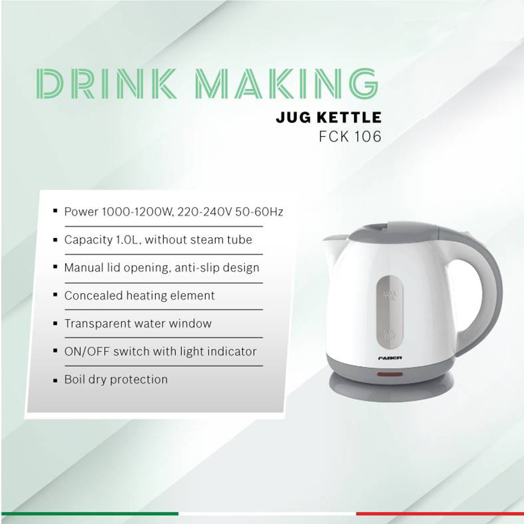 FABER 1L Kettle FCK 106 | Manual Lid Opening | Concealed Heating Element | Boil Dry Protection | Kettle with 1 Year Warranty