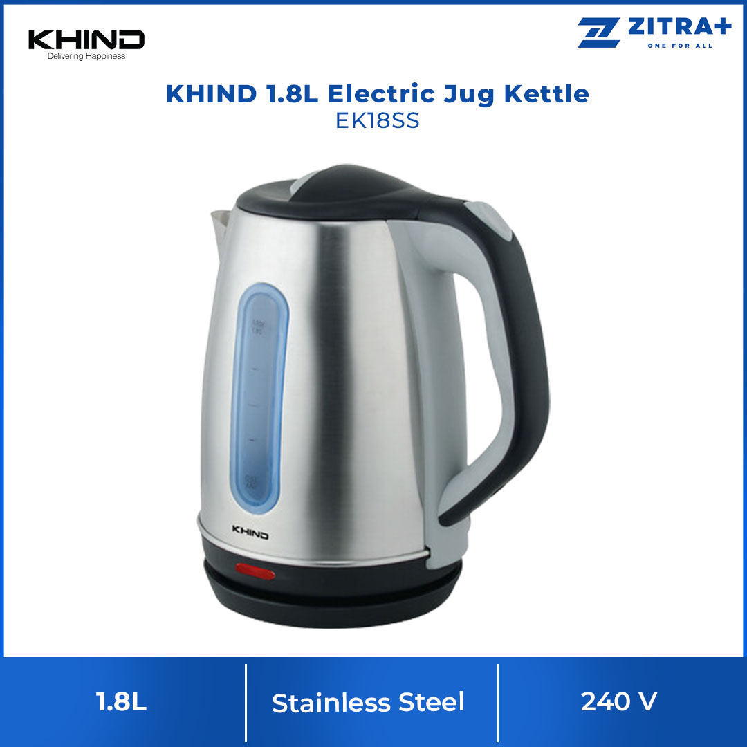 KHIND 1.8L Electric Jug Kettle EK18SS | Rust Free SUS304 Stainless Steel Body | Auto Switch-Off for Boil Dry Protection | Concealed Heating Element | Kettle with 1 Year Warranty