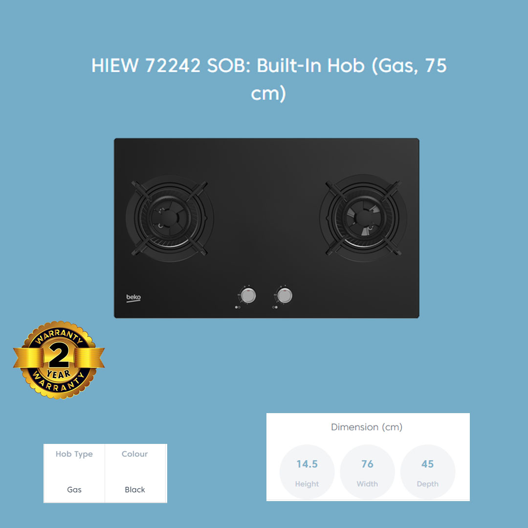 Beko 2 Burners Built-In Hob HIEW 72242 SOB | Automatic Gas Cut-off | Cast-iron Pan Support | Integrated Ignition | Built-In Hob with 2 Years Warranty
