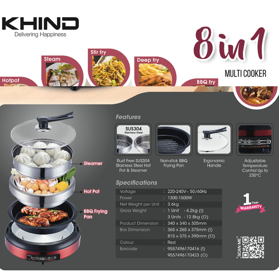 KHIND 1500W Multi Cooker MC388 | Rust Free SUS304 Stainless Steel Hot Pot & Steamer | Non-stick BBQ Frying Pan | Adjustable Temperature | Multi Cooker with 1 Year Warranty