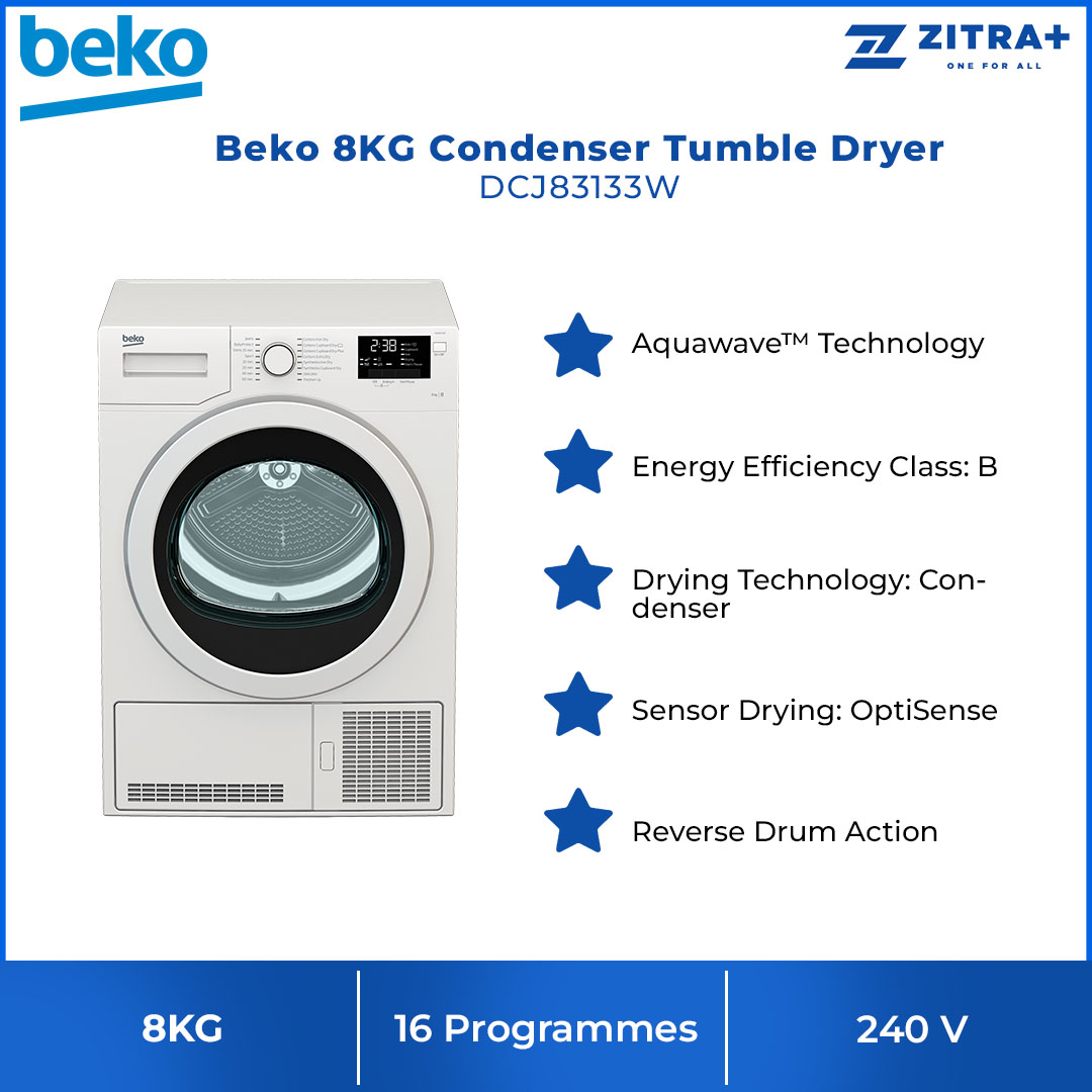 Beko 8KG Condenser Tumble Dryer DCJ83133W | Digital Display | 16 Programmes | Drum Light | Child Lock | OptiSense | Glass Door | Tumble Dryer with 2 Year General & 12 Year Motor Warranty