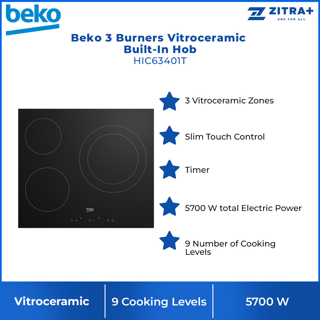 Beko 3 Burners Vitroceramic Built-In Hob HIC63401T | Slim Touch Control | 9 Cooking Levels | Residual Heat Indicator | Auto Shut-off | Built-In Hob with 2 Years Warranty