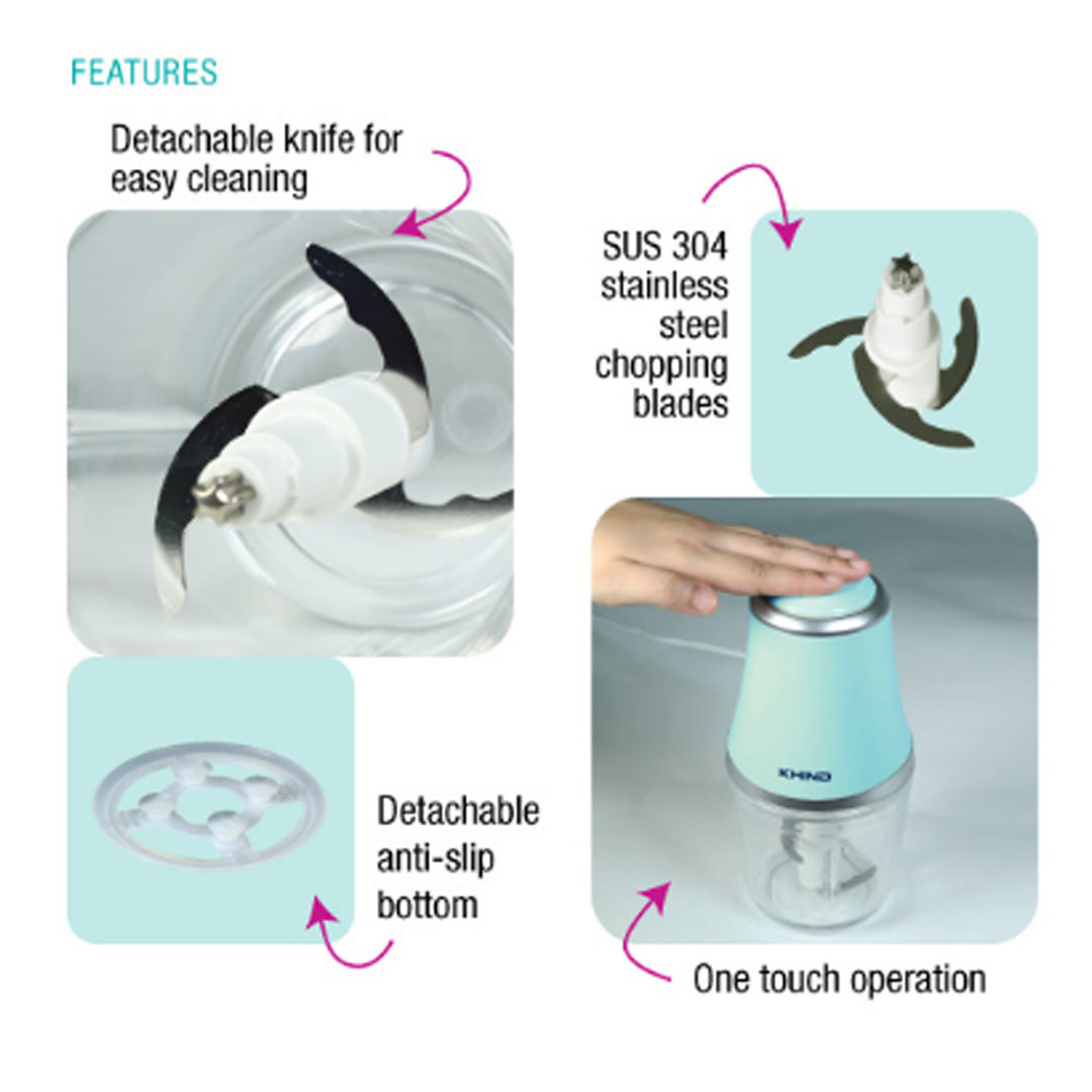 KHIND 0.6L Mini Food Chopper FPC900 | Detachable Knife For Easy Cleaning | SUS304 Stainless Steel Chopping Blades | One Touch Operation | Food Chopper with 1 Year Warranty