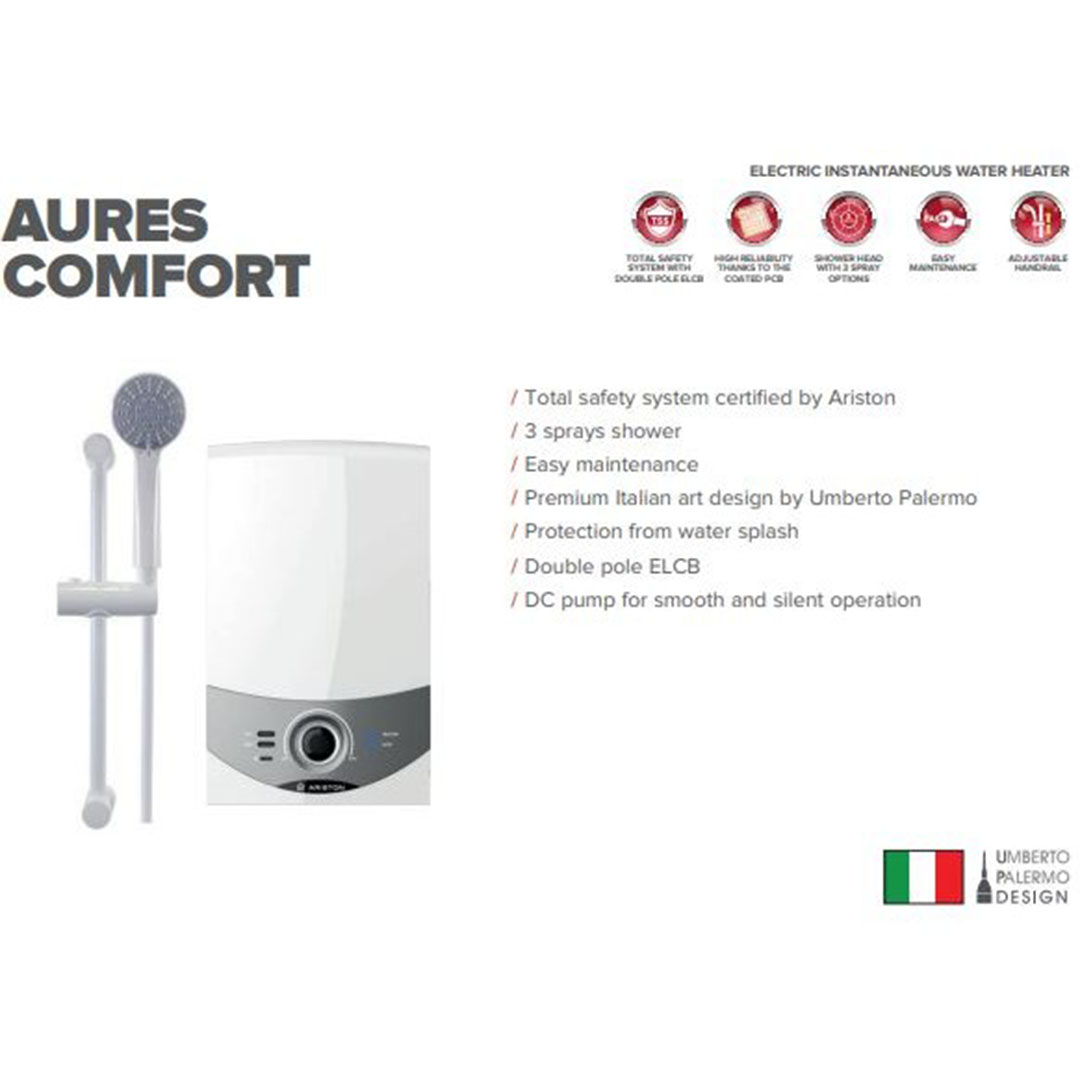 ARISTON 3600W Non Pump Electric Instant Water Heater SM36ESBS | 3 Sprays Shower | Protection From Water Splash | Double Pole ELCB | Water Heater with 1 Year General Warranty & 5 Years Heating Element Warranty