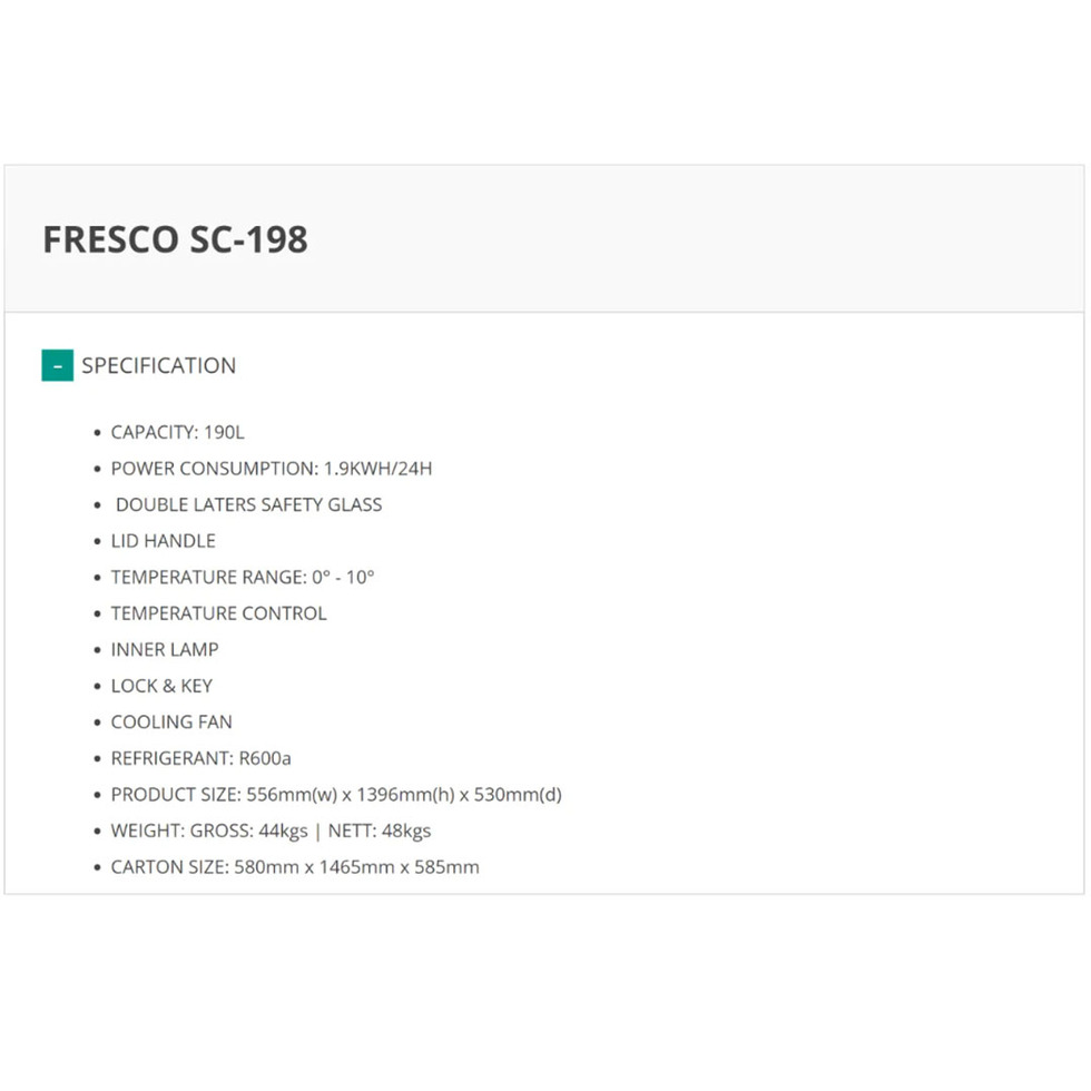 FABER 190L Showcase FRESCO SC 198 | Dual Function: Chiller / Freezer | Double Layers Safety Glass | Temperature Control | Showcase with 1 Year General Warranty & 5 Years Motor Warranty