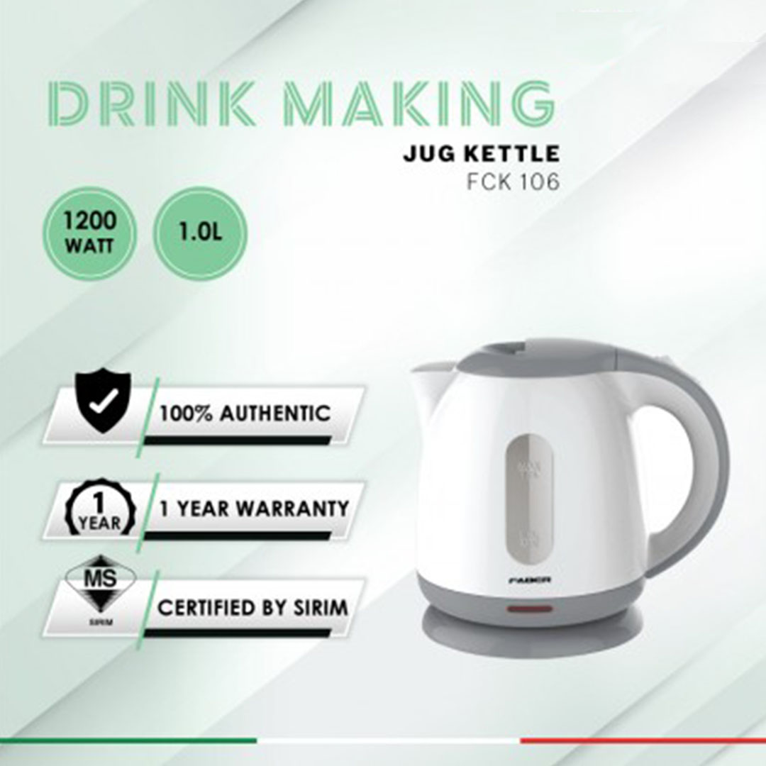 FABER 1L Kettle FCK 106 | Manual Lid Opening | Concealed Heating Element | Boil Dry Protection | Kettle with 1 Year Warranty