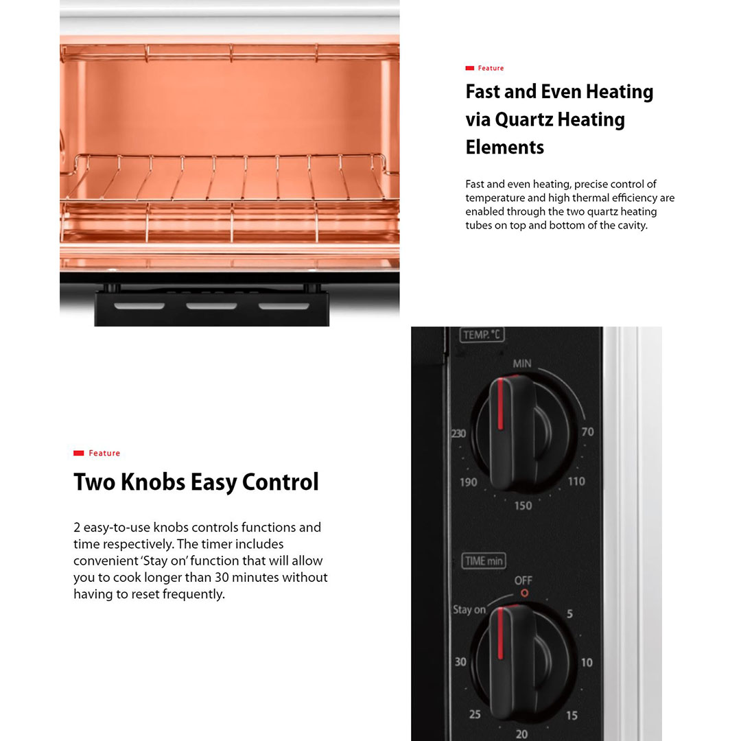 TOSHIBA 10L Toaster Oven TM-MM10DZF(WH) | Compact Footprint with Neat Design | Fast and Even Heating via Quartz Heating Elements | Two Knobs Easy Control | Easy-to-clean Crumb Tray | Anti-scalding Design | Toaster Oven with 1 Year General Warranty