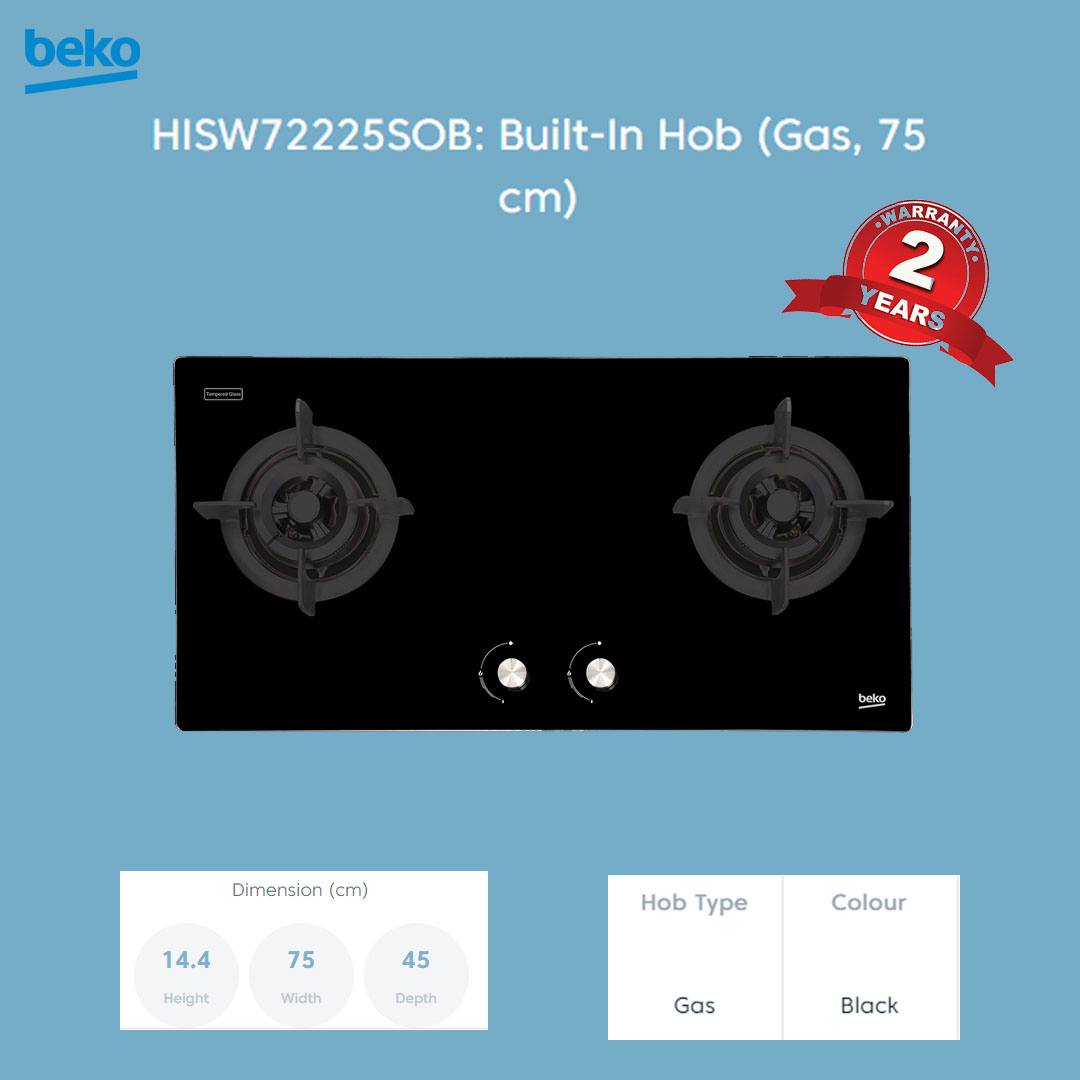 Beko 2 Burners Built-In Hob HISW72225SOB | Automatic Gas Cut-Off | Cast-iron Pan Support | LPG Gas Type | Integrated Ignition | Built-In Hob with 2 Years Warranty