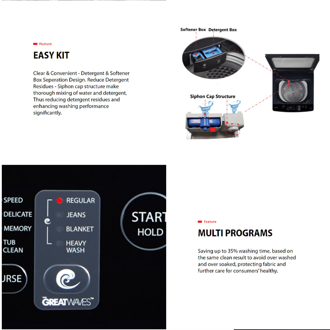 TOSHIBA 13KG Top Load UFB GREATWAVES Origin Inverter AW-DUM1400LM | Origin Inverter | I Clean | Easy Kit | Multi Programs | No Angular Design | Soft Close Lid | Child Lock | Tub Clean | DD Washer with 2 Year General & 3 Year Panel & 10 Year Motor Warranty