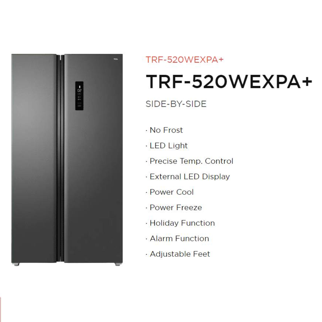 TCL 585L Side-By-Side Inverter Refrigerator TRF-520WEXPA+ | Holiday Function | Total No Frost | Power Freeze | Refrigerator with 2 Year Warranty