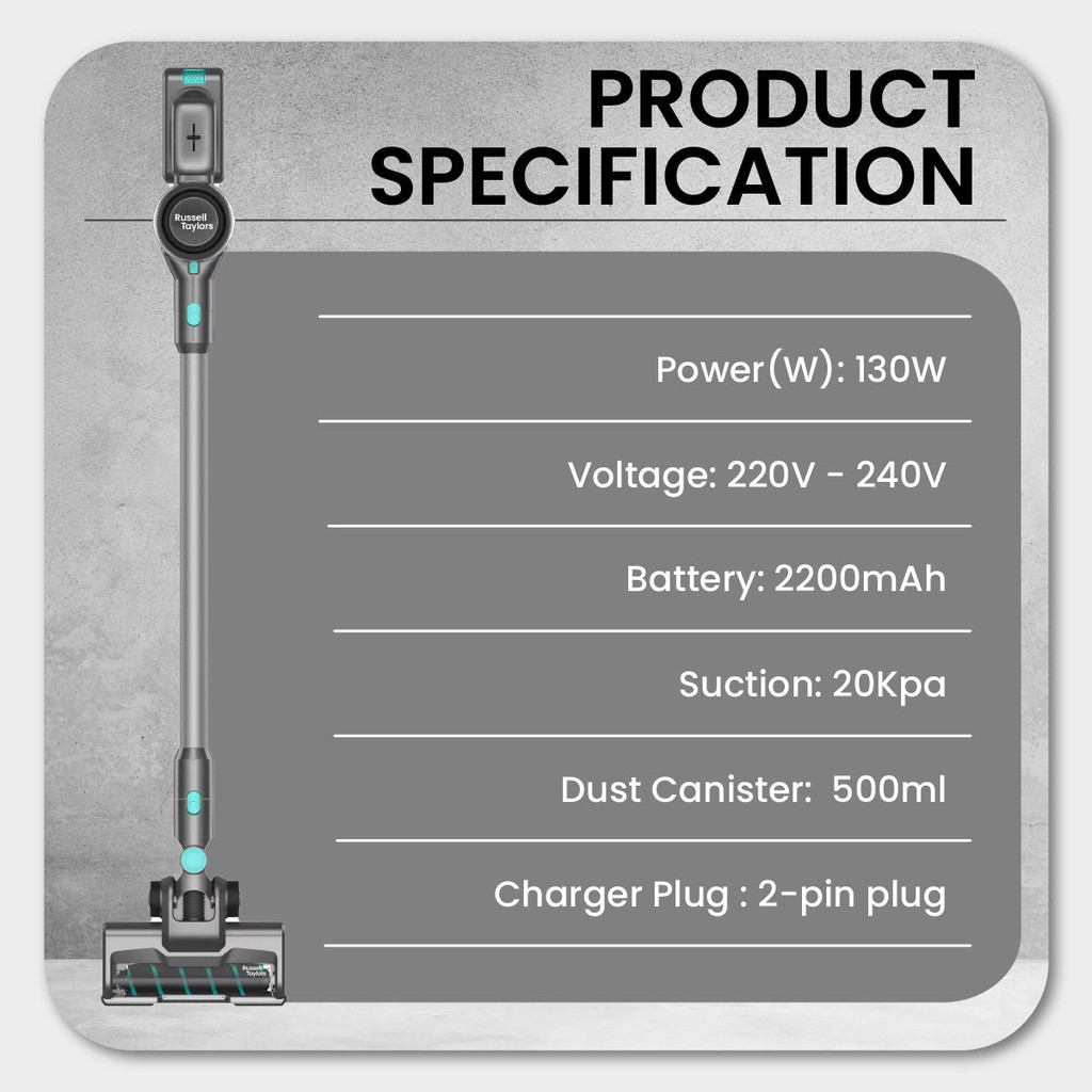 Russell Taylors 130W Cyclone Cordless Vacuum Cleaner V7 | Rechargable  Battery | 3 Power Mode | Powerful DC Motor | Vacuum Cleaner with 2 Year Warranty