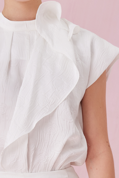 Chantill White Rose Jacquard Ruffle Top