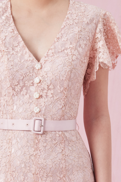 Arletta Pink V Neck Lace Dress