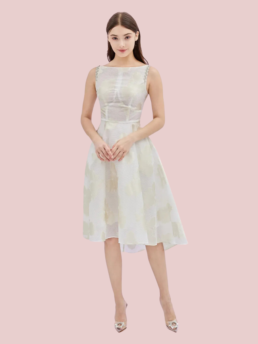 Gloria White Jacquard Dress with Diamond