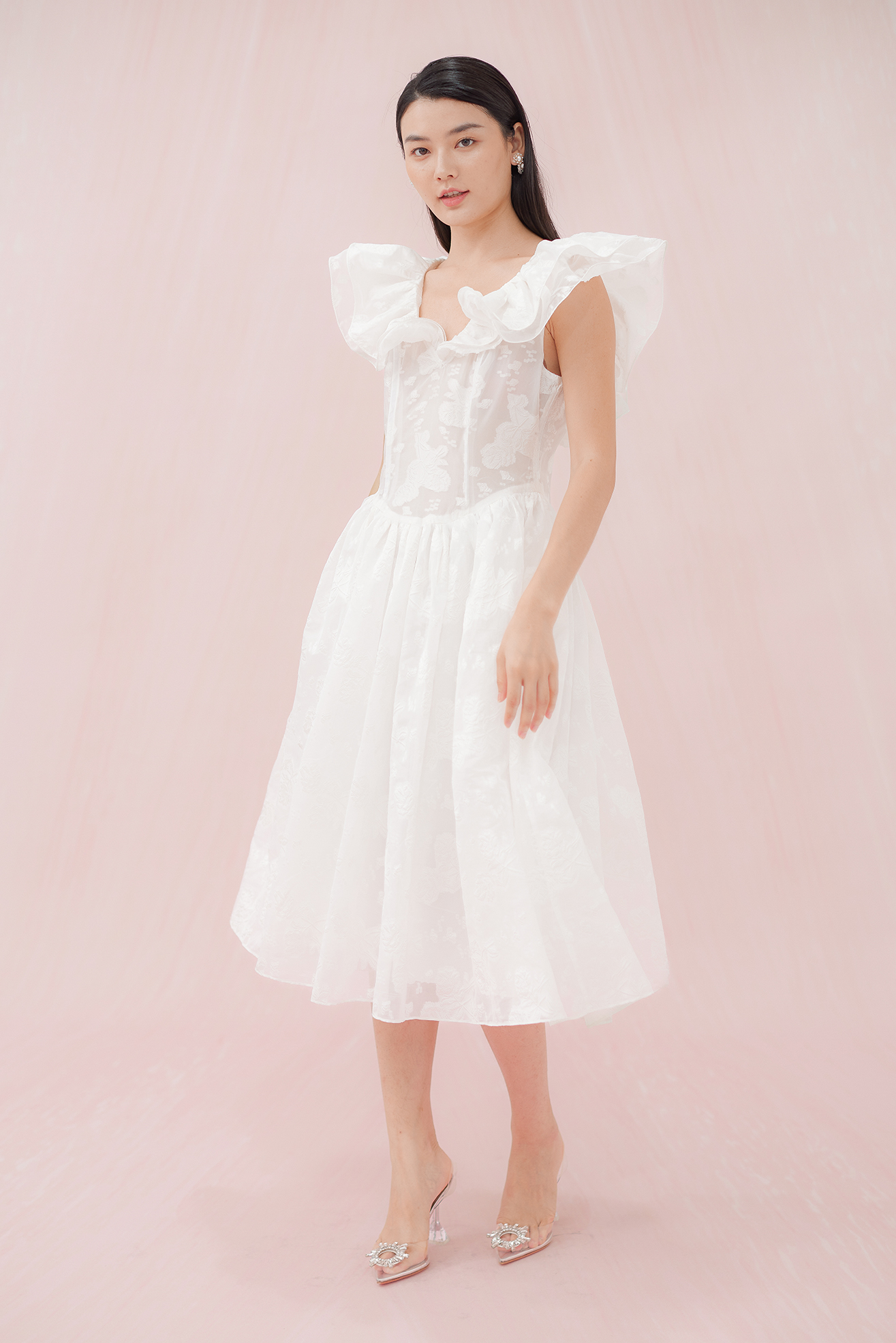 GABRIELLE WHITE FLOWER JACQUARD DRESS