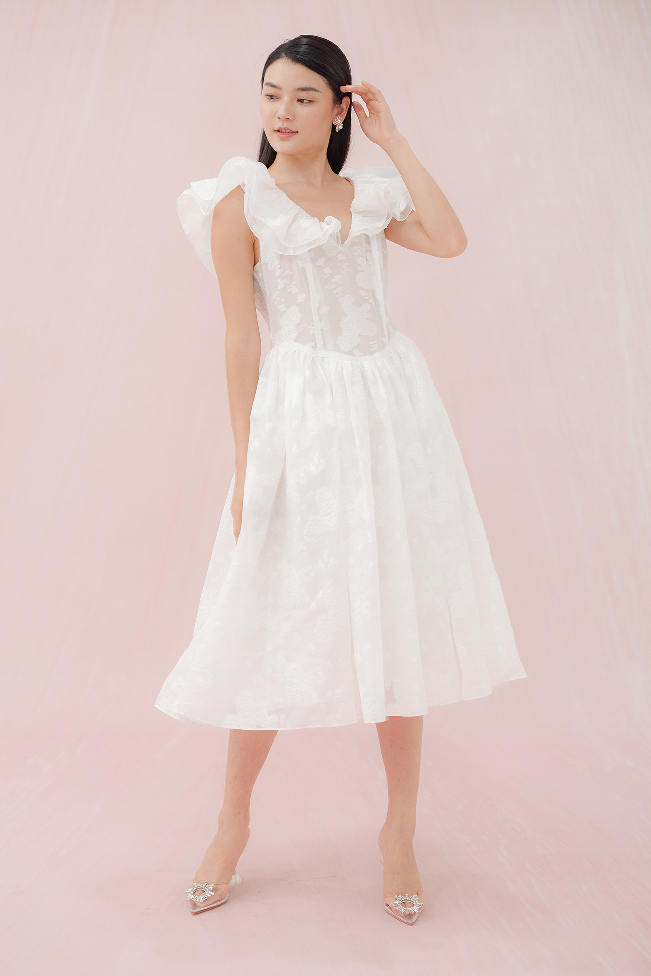 GABRIELLE WHITE FLOWER JACQUARD DRESS