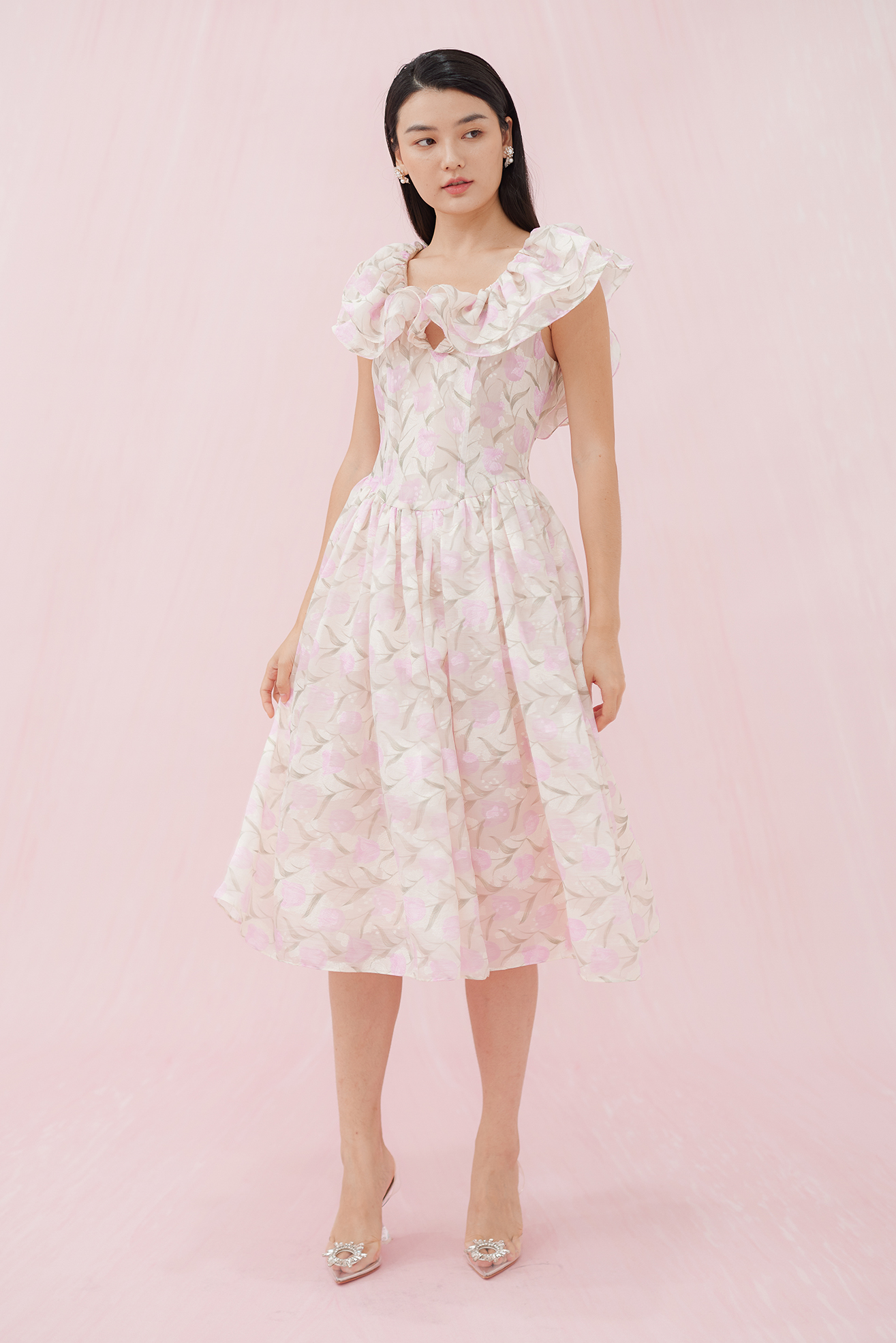 GABRIELLE PINK FLOWER JACQUARD DRESS