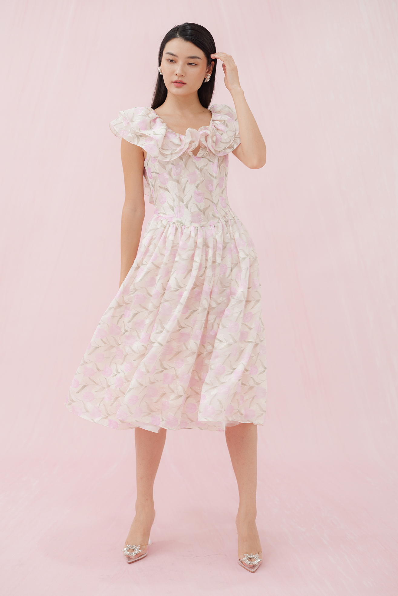 GABRIELLE PINK FLOWER JACQUARD DRESS