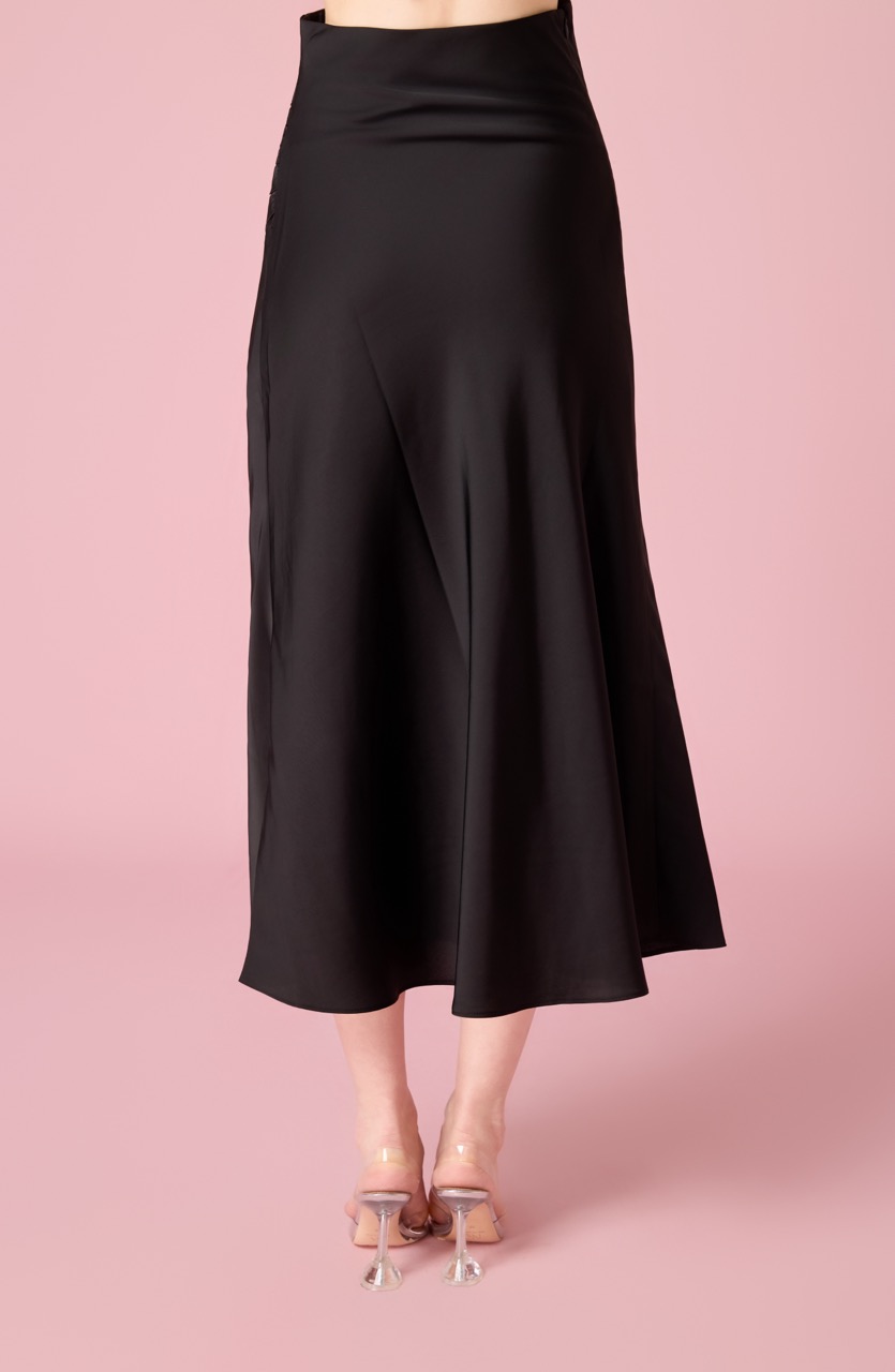 Chantele Black Sateen Midi Skirt