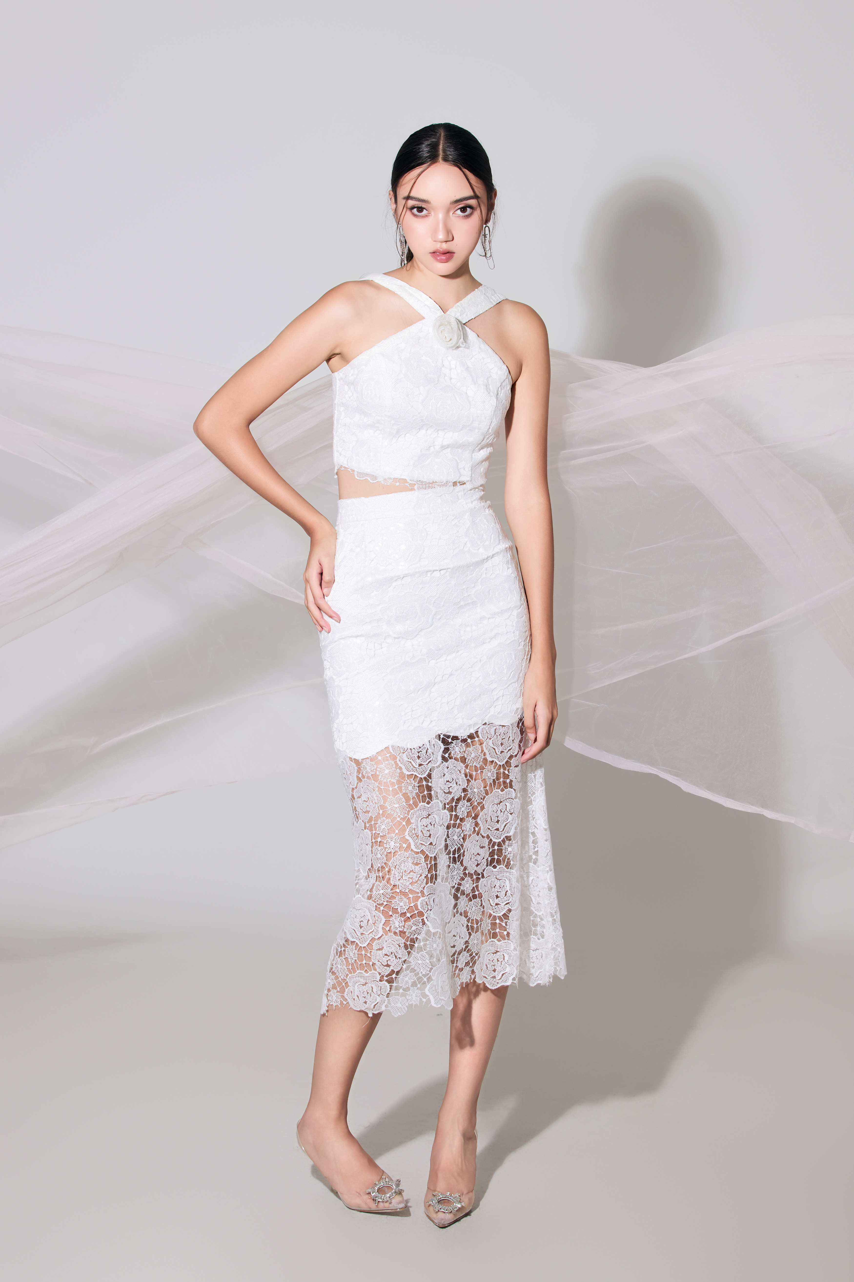 Chanteese White Rose Lace Pencil Skirt