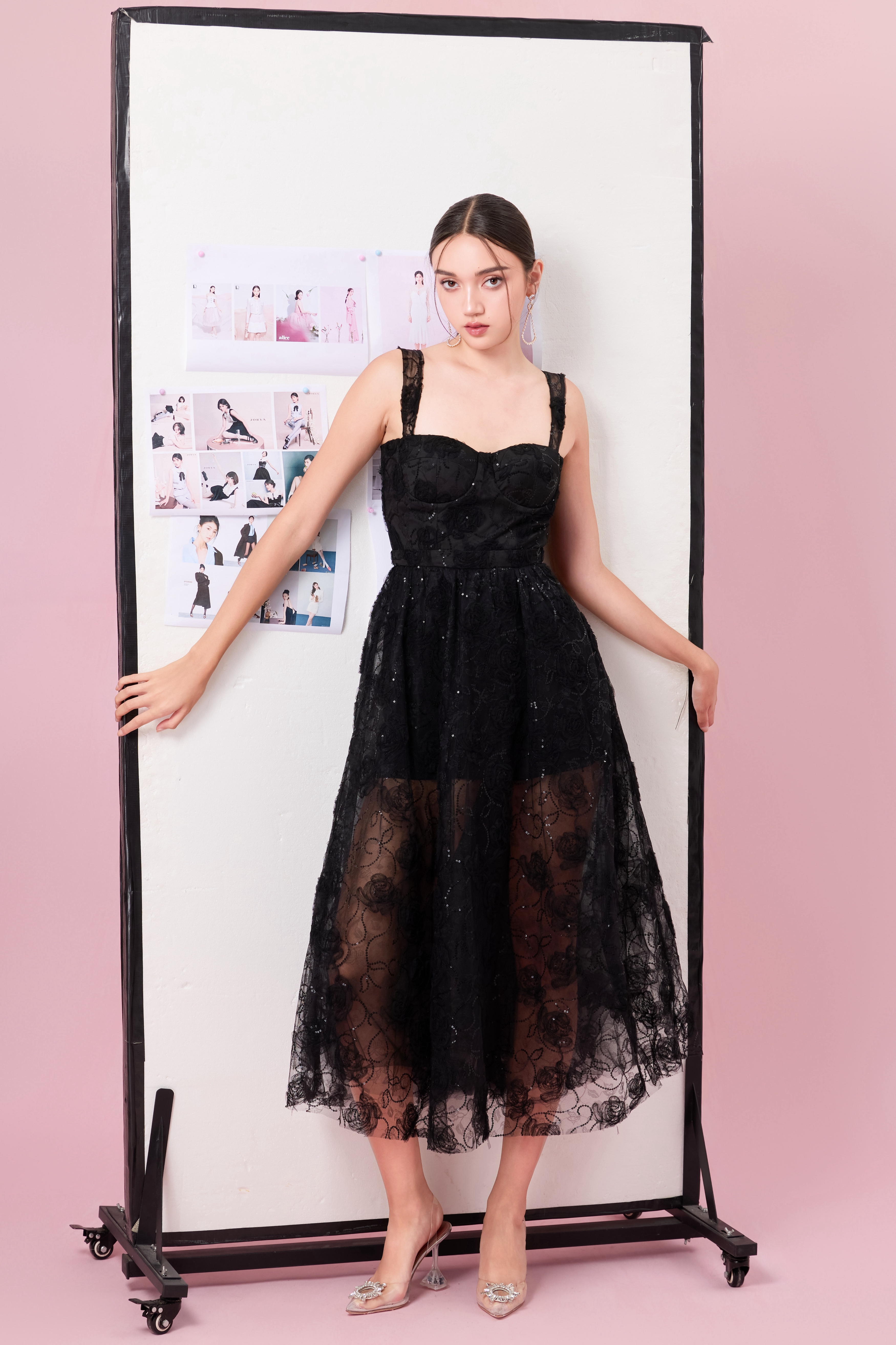 Aurelle Black Floral Sequin Long Dress