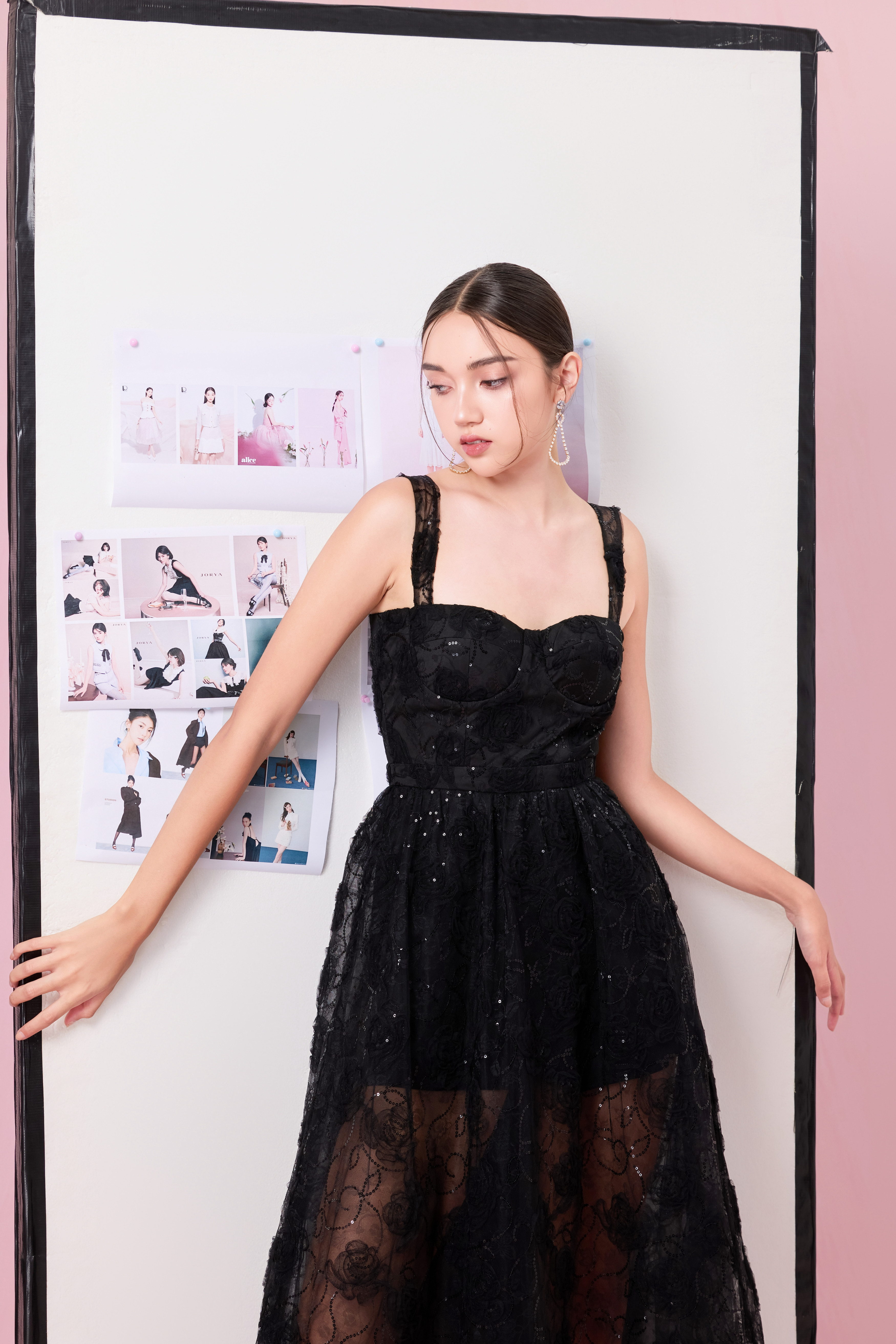 Aurelle Black Floral Sequin Long Dress