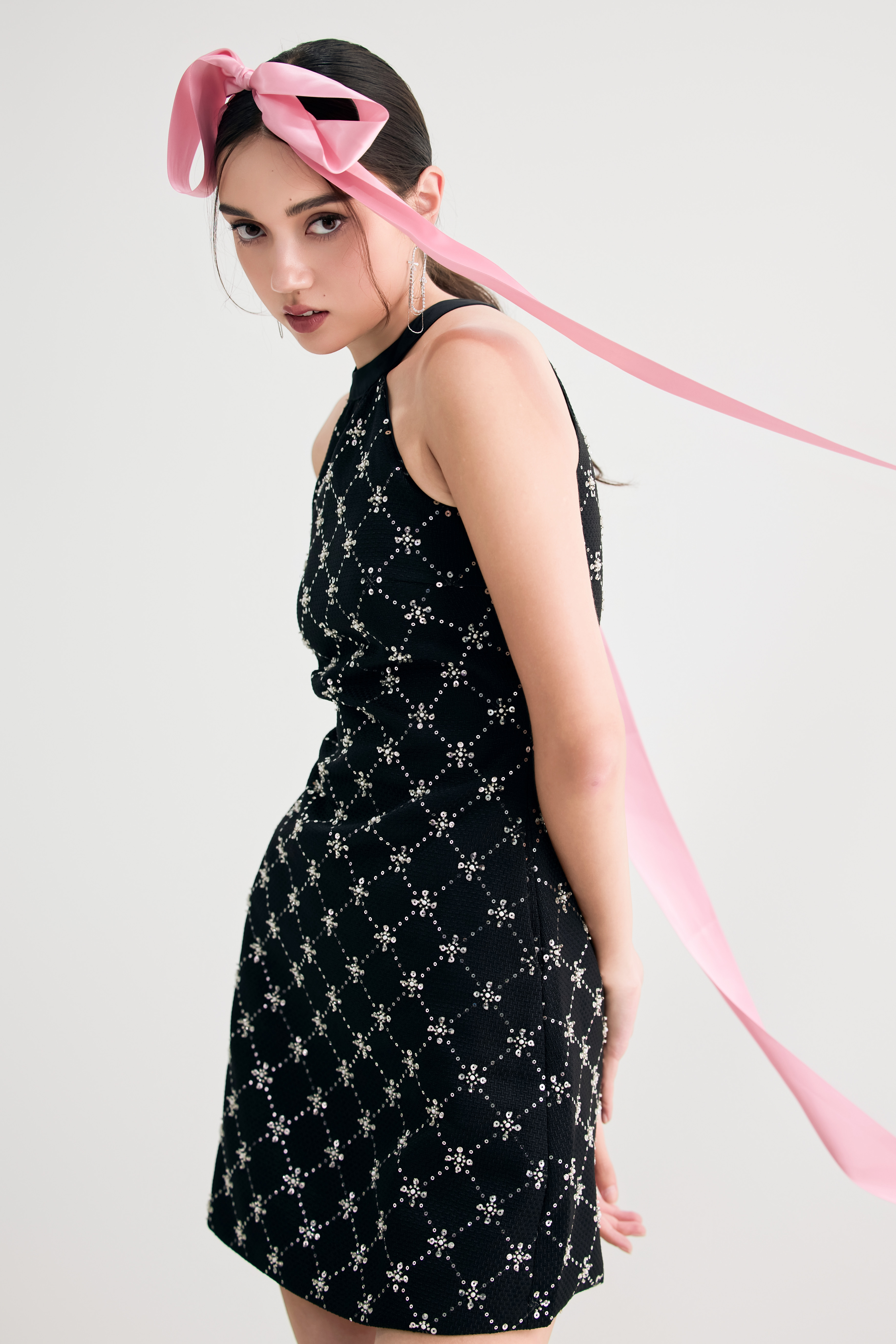 Chandelle Black Tweed Halter Dress