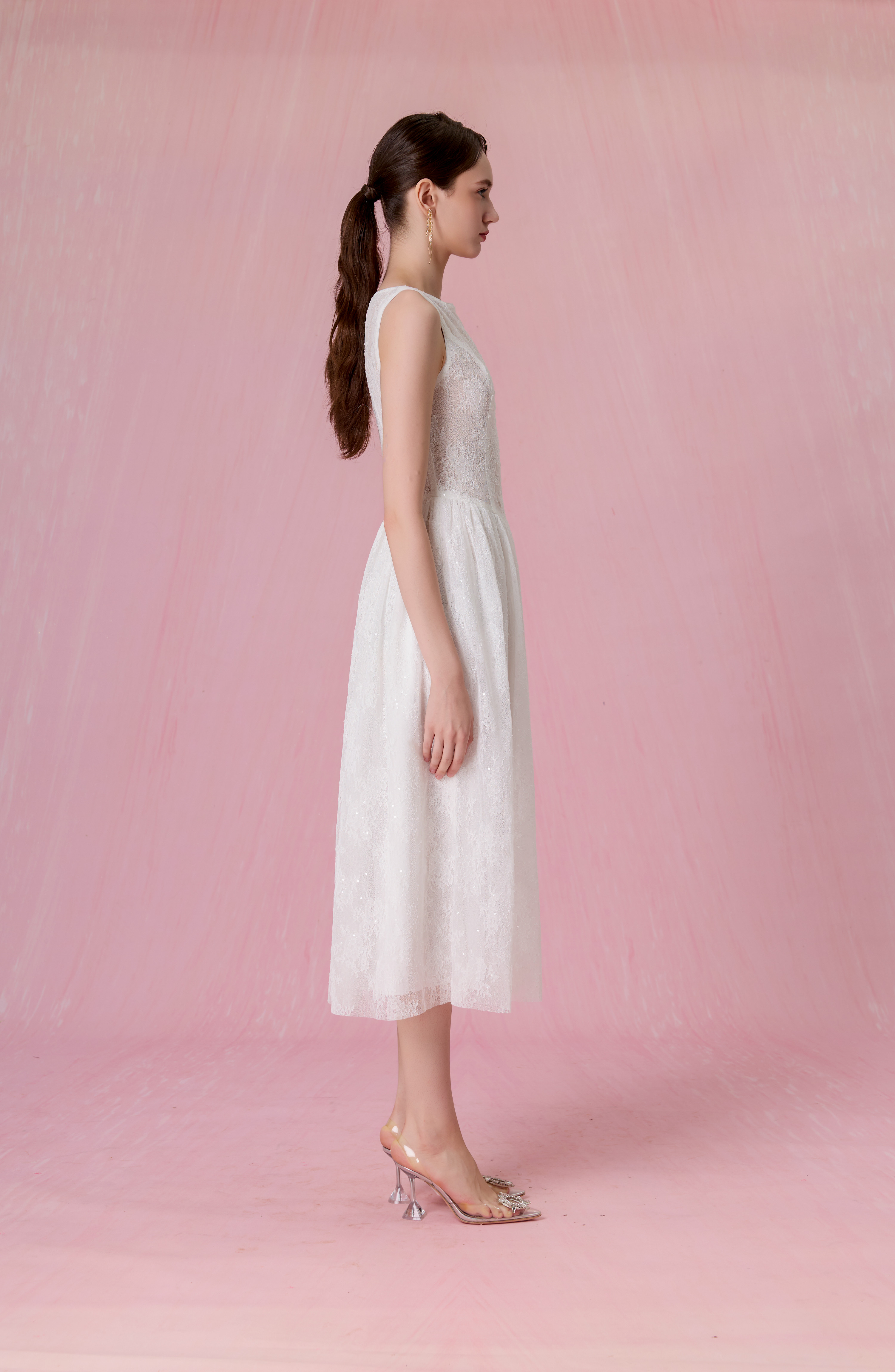 Cherina White Sheer Lace A-Line Dress