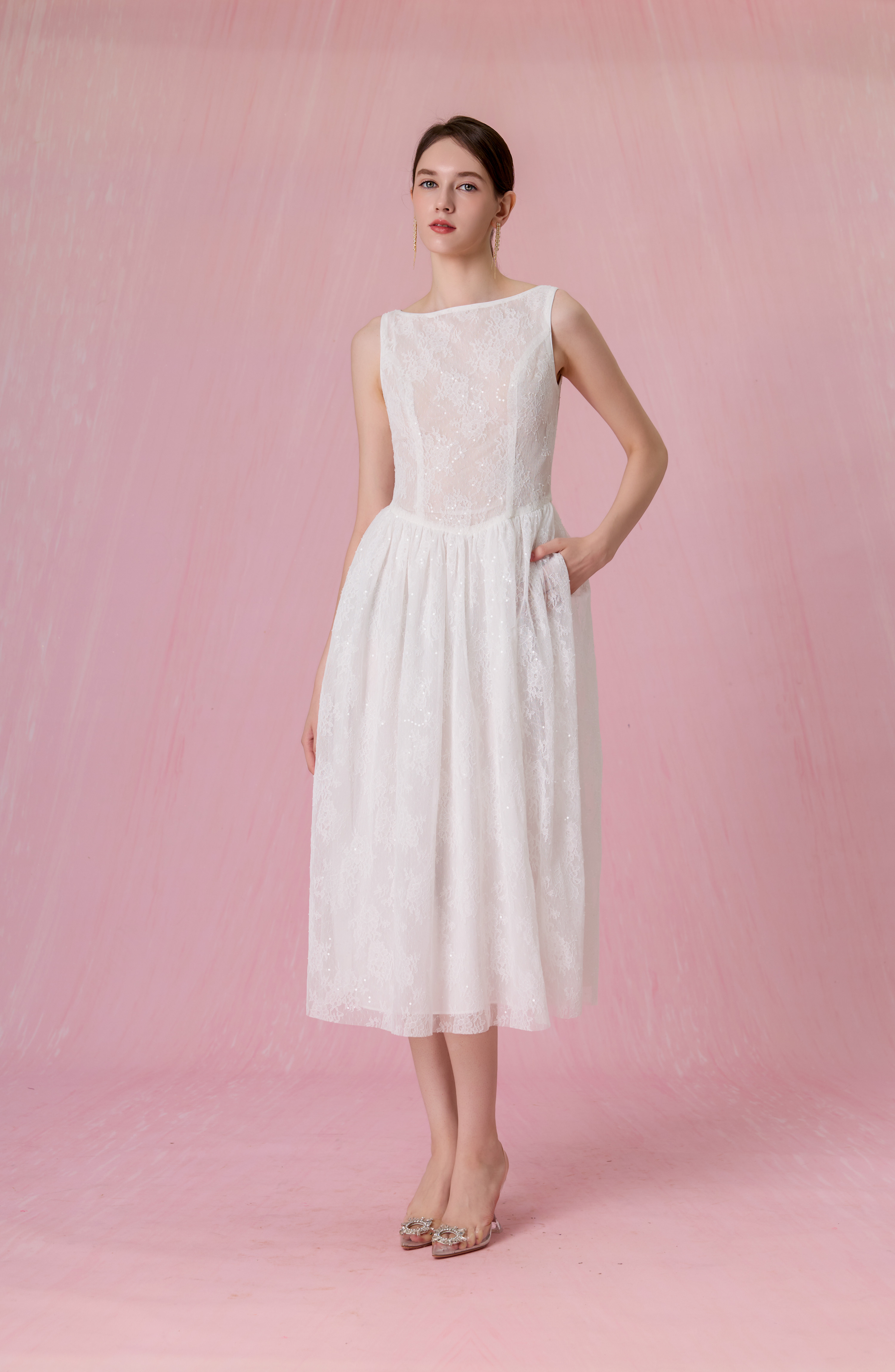 Cherina White Sheer Lace A-Line Dress