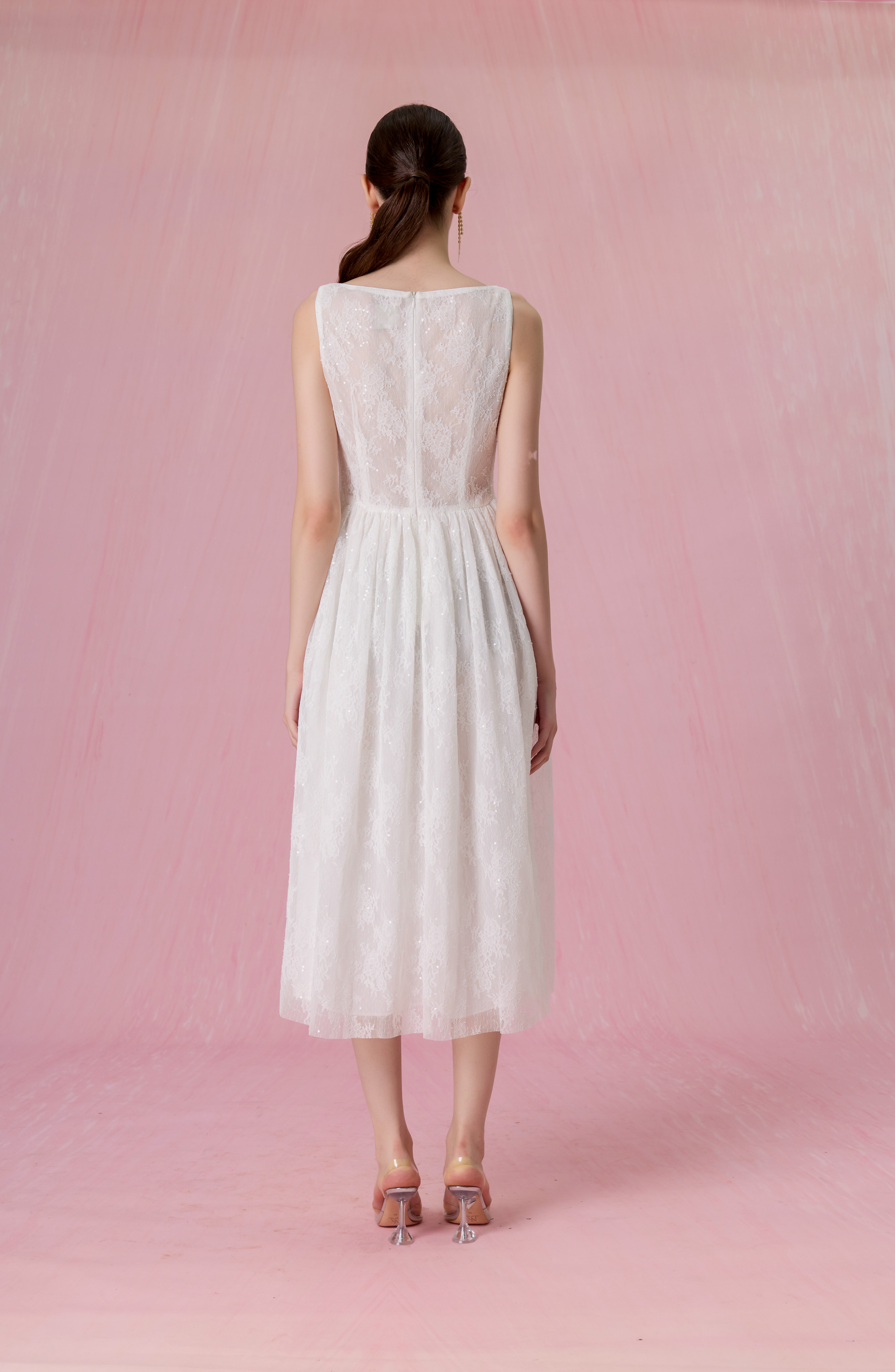 Cherina White Sheer Lace A-Line Dress