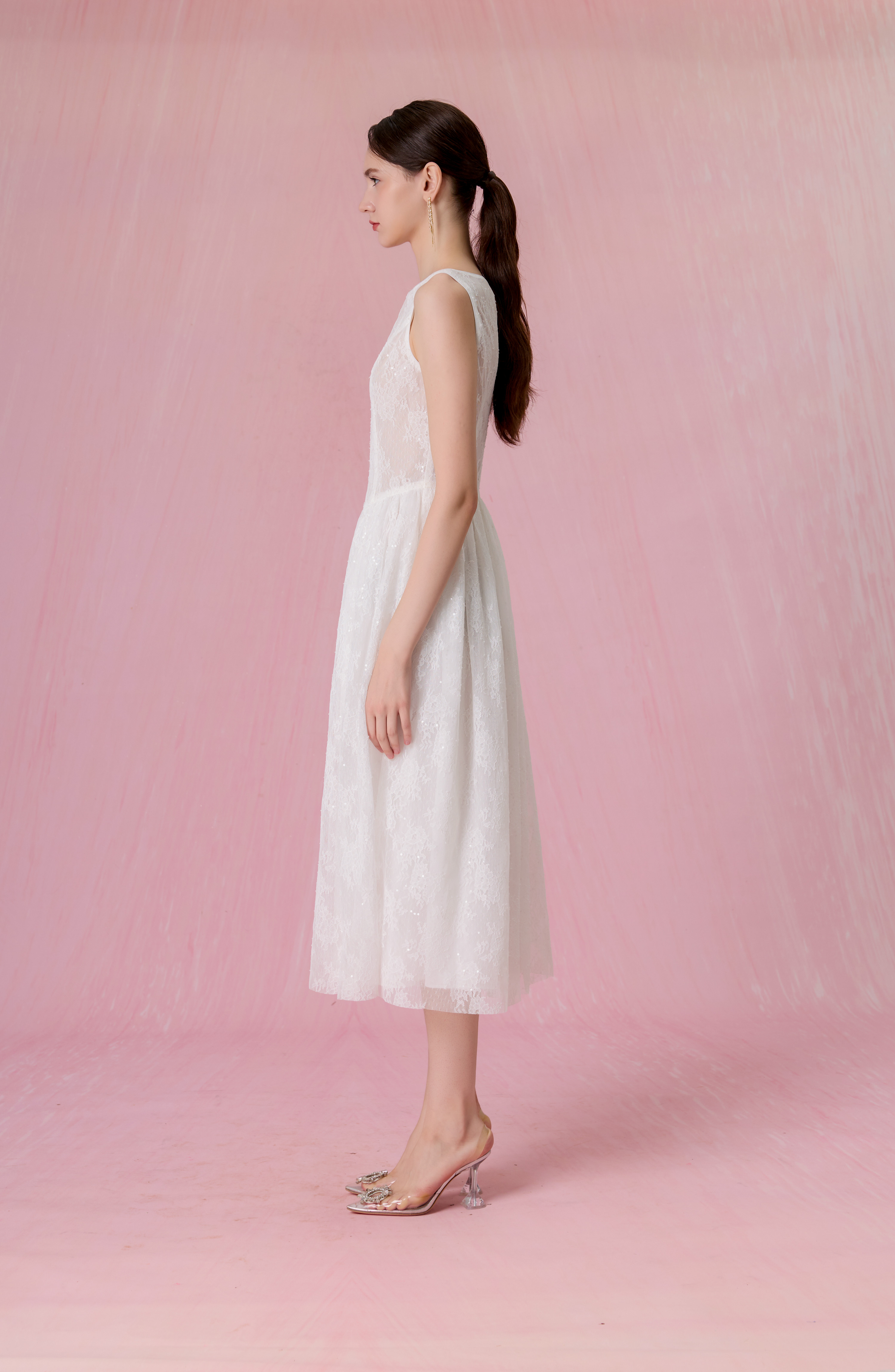 Cherina White Sheer Lace A-Line Dress